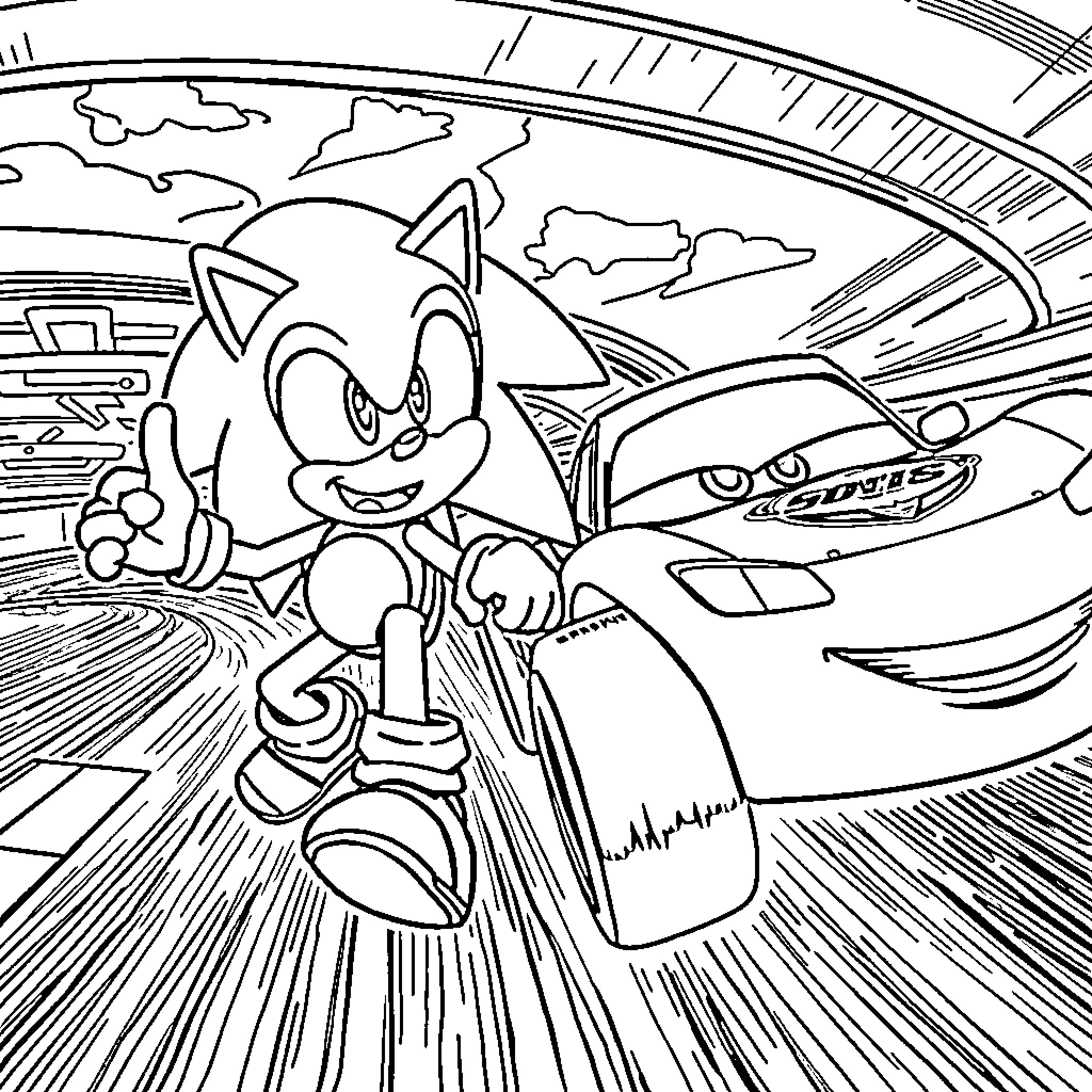 Sonic Racing Through the Cityscape Coloring Page (free black-and-white line drawing printable PDF for all, from beginners to advanced learners, including children, teens, adults, and seniors)