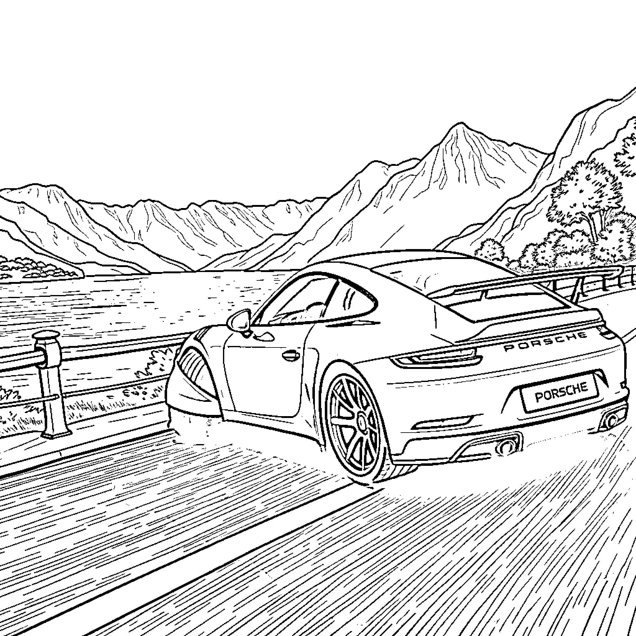 Porsche sports car racing on scenic mountain road Coloring Page (free black-and-white line drawing printable PDF for all, from beginners to advanced learners, including children, teens, adults, and seniors)