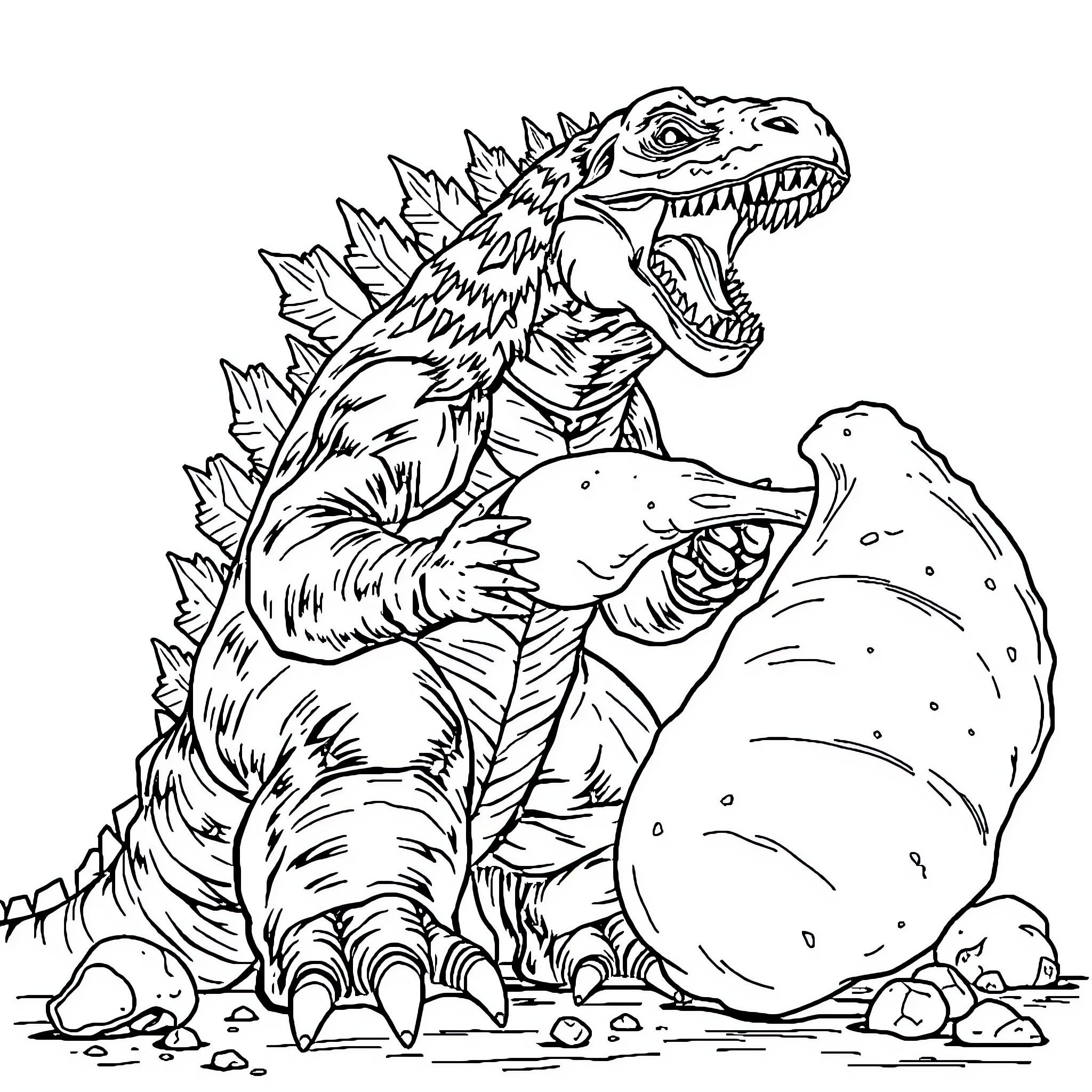 Godzilla battles another giant monster Coloring Page (free black-and-white line drawing printable PDF for all, from beginners to advanced learners, including children, teens, adults, and seniors)