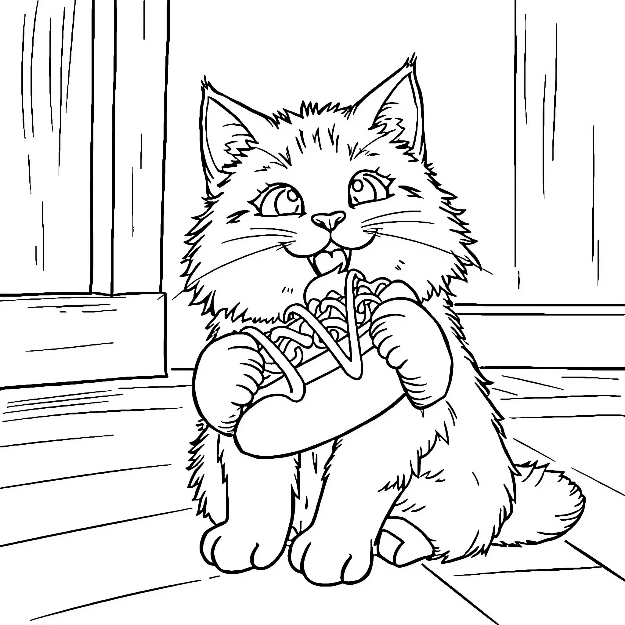 Cat playing with its toy on the porch Coloring Page (free black-and-white line drawing printable PDF for all, from beginners to advanced learners, including children, teens, adults, and seniors)