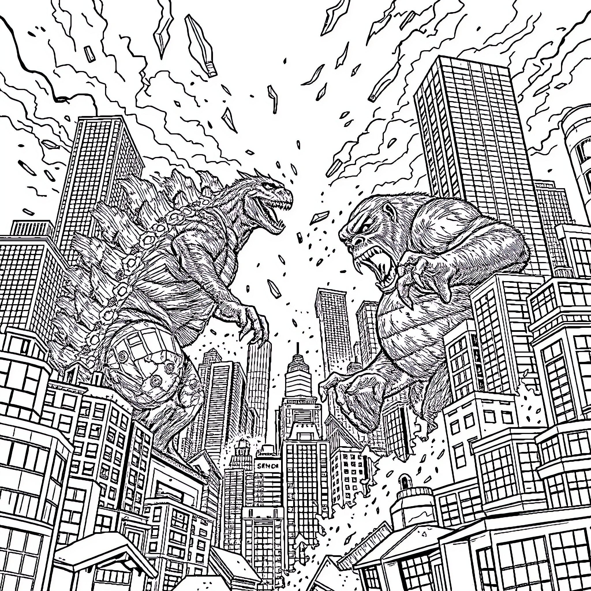 Godzilla vs. Legendary Monster Showdown in the City Coloring Page (free black-and-white line drawing printable PDF for all, from beginners to advanced learners, including children, teens, adults, and seniors)