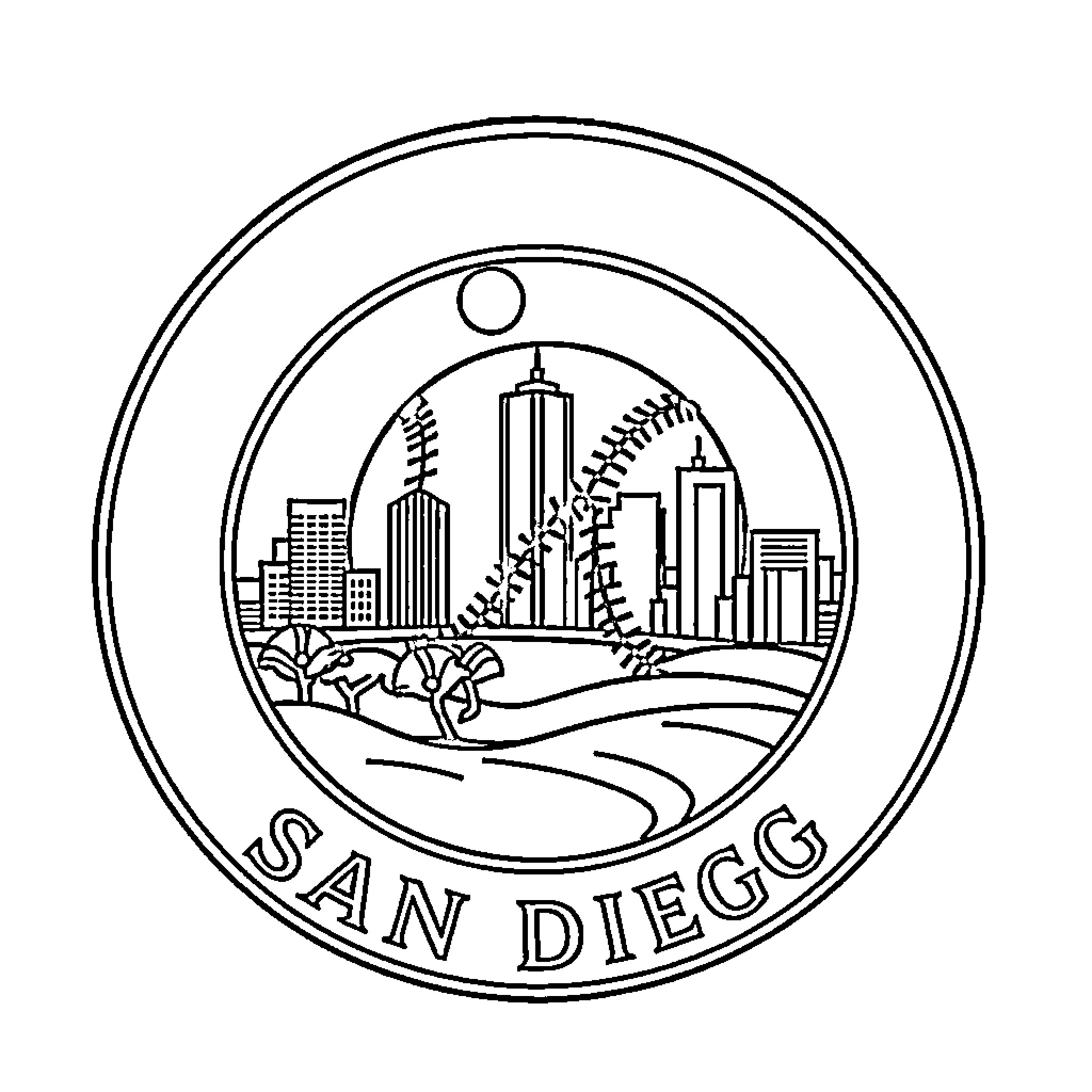 Baseball featuring cityscape of San Diego Coloring Page (free black-and-white line drawing printable PDF for all, from beginners to advanced learners, including children, teens, adults, and seniors)
