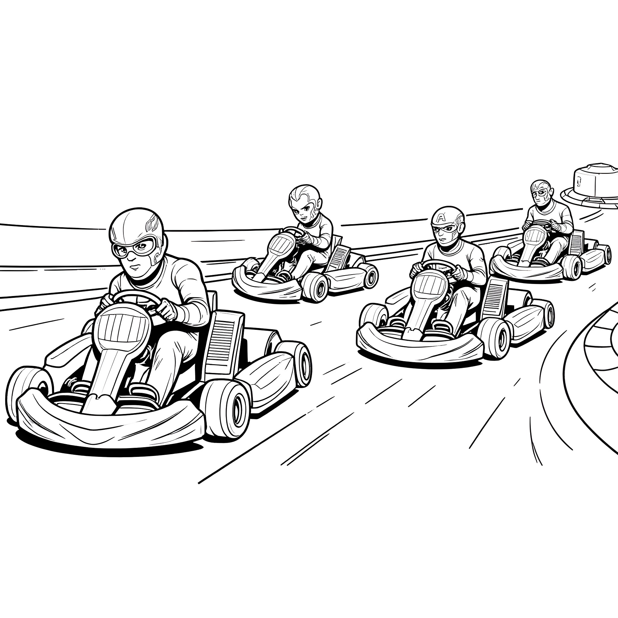 Avenger Racers Compete in Go-Kart Challenge Coloring Page (free black-and-white line drawing printable PDF for all, from beginners to advanced learners, including children, teens, adults, and seniors)