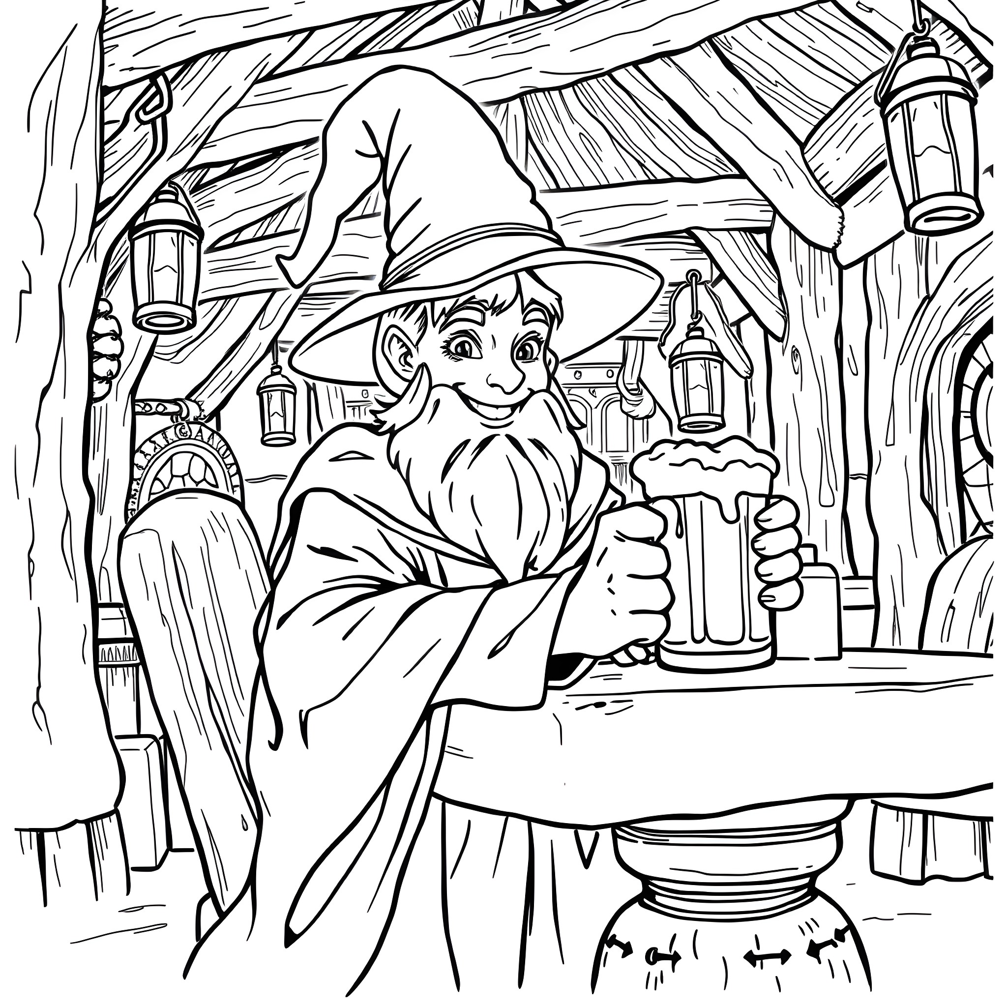 Wizard Preparing Magical Potions in Enchanted Cottage Coloring Page (free black-and-white line drawing printable PDF for all, from beginners to advanced learners, including children, teens, adults, and seniors)