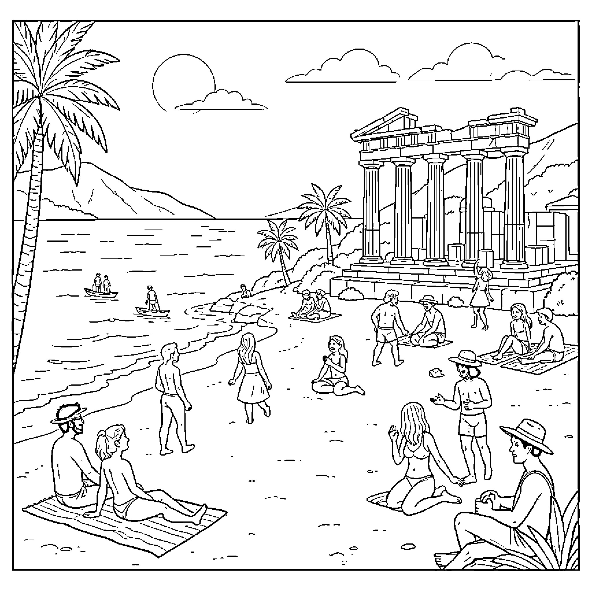 Greece beach scene with people relaxing near ancient ruins Coloring Page (free black-and-white line drawing printable PDF for all, from beginners to advanced learners, including children, teens, adults, and seniors)