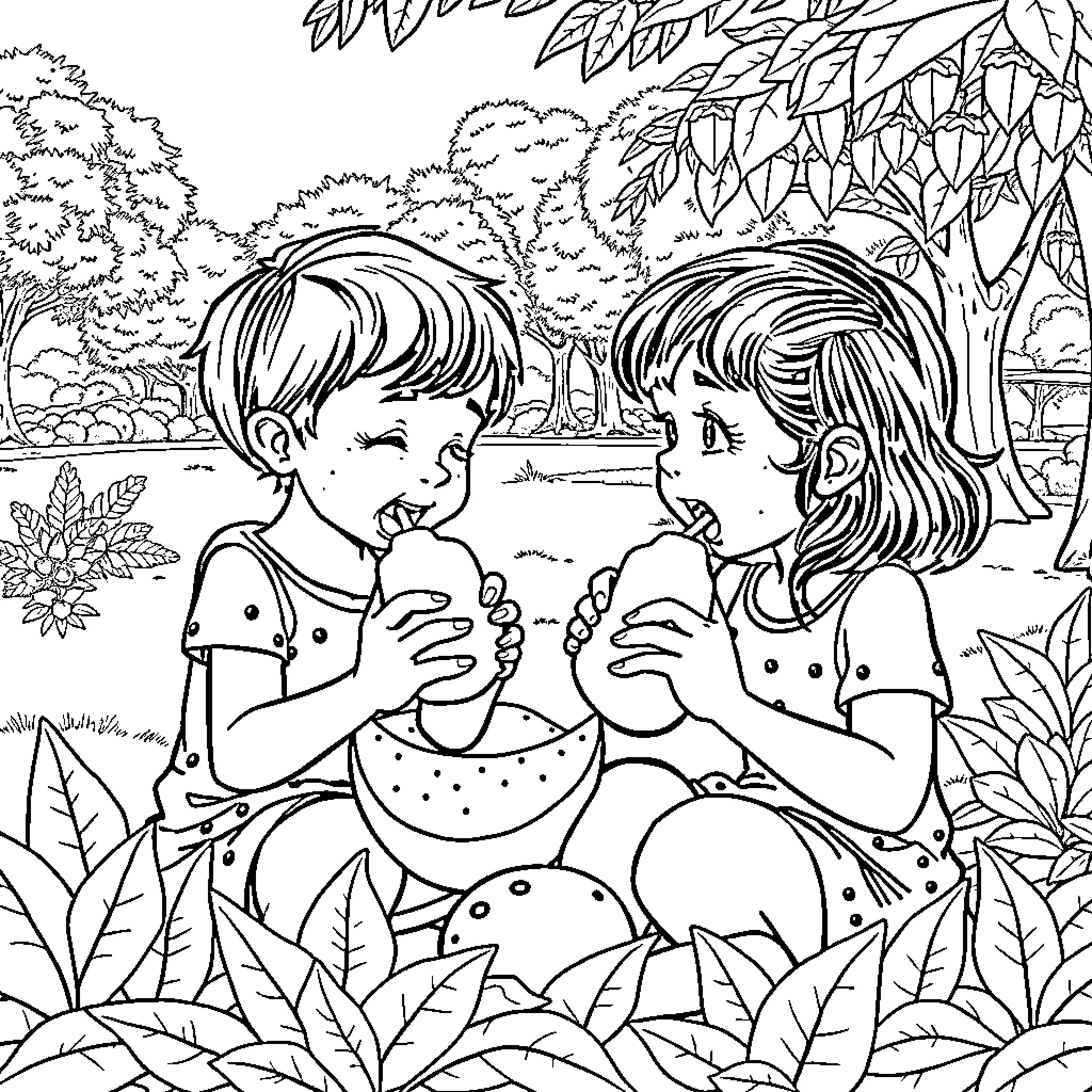 Children playing and enjoying ice cream outdoors Coloring Page (free black-and-white line drawing printable PDF for all, from beginners to advanced learners, including children, teens, adults, and seniors)