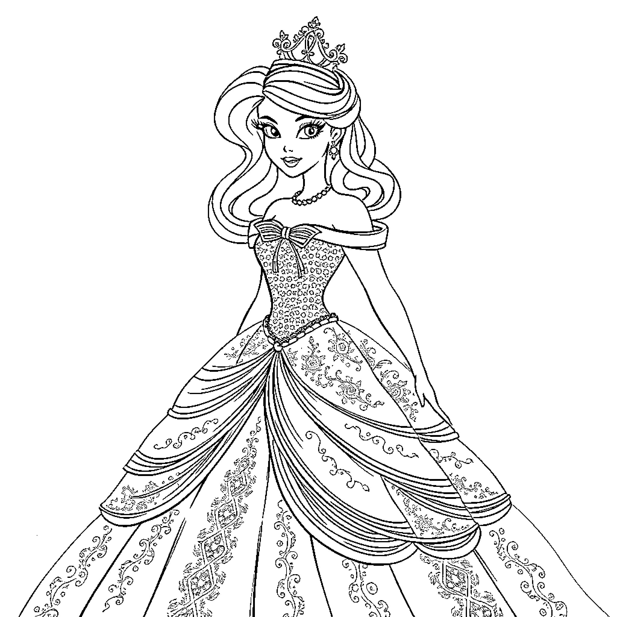 Princess in Elegant Gown and Crown Coloring Page (free black-and-white line drawing printable PDF for all, from beginners to advanced learners, including children, teens, adults, and seniors)