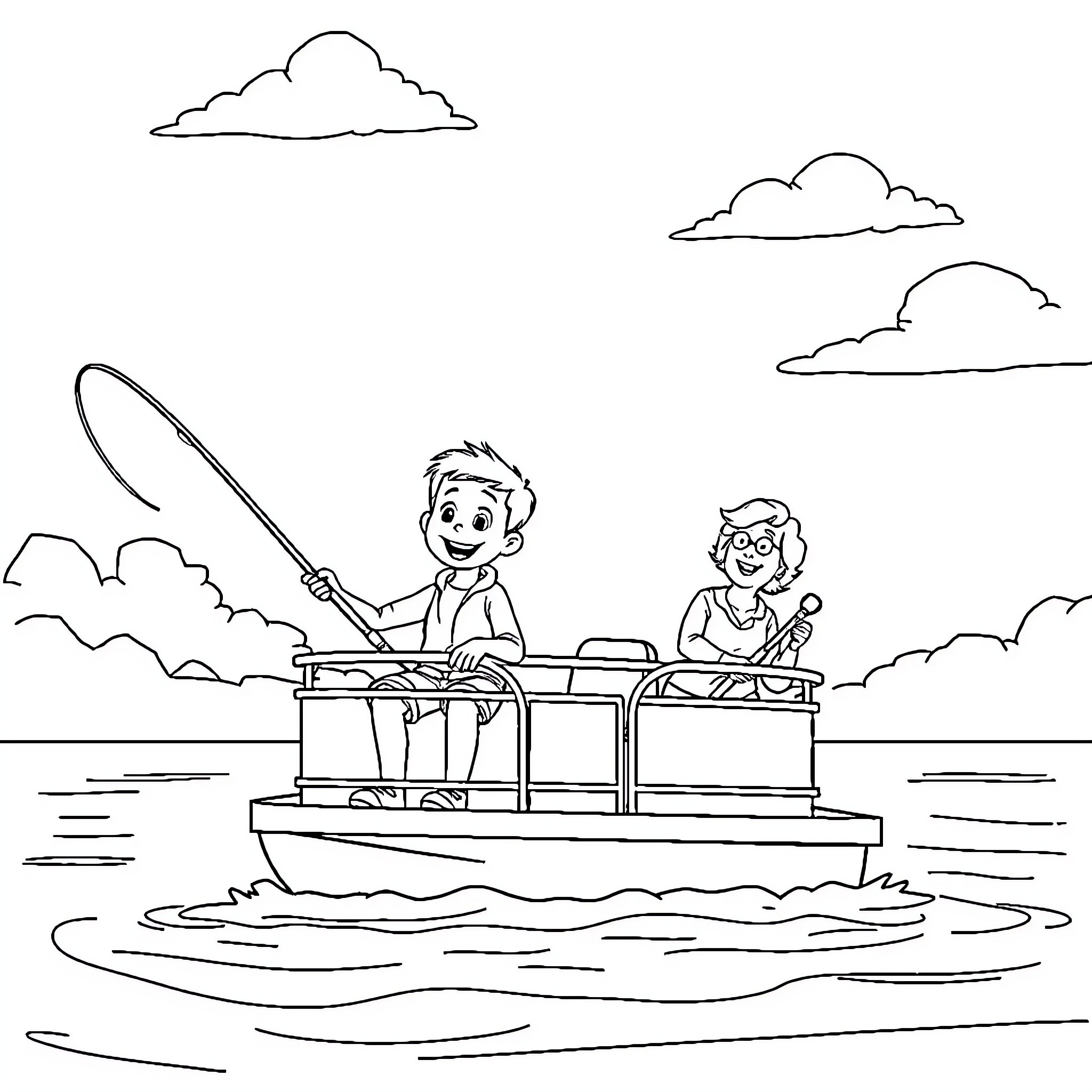 Boy fishing with friend on boat Coloring Page (free black-and-white line drawing printable PDF for all, from beginners to advanced learners, including children, teens, adults, and seniors)