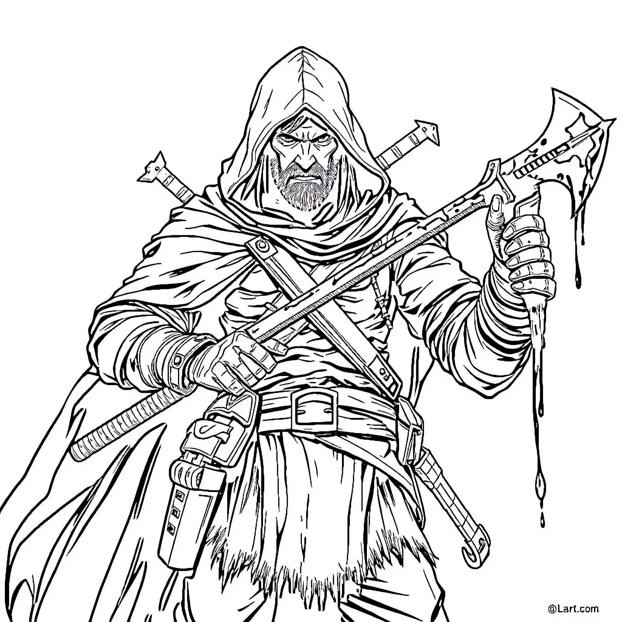 Hunter Wielding Menacing Weapons in Mysterious Garb Coloring Page (free black-and-white line drawing printable PDF for all, from beginners to advanced learners, including children, teens, adults, and seniors)