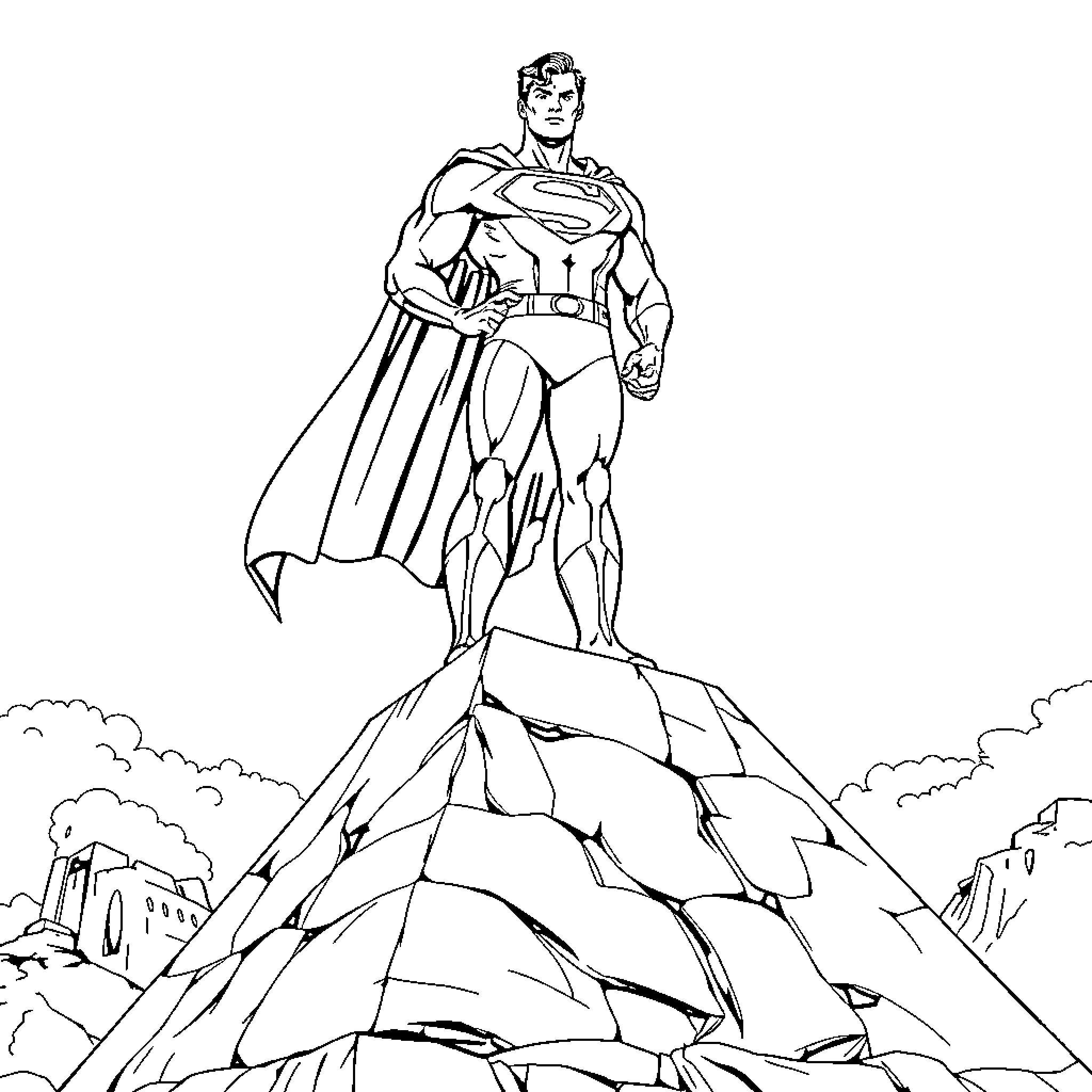 Superman standing heroically on a rocky mountain Coloring Page (free black-and-white line drawing printable PDF for all, from beginners to advanced learners, including children, teens, adults, and seniors)