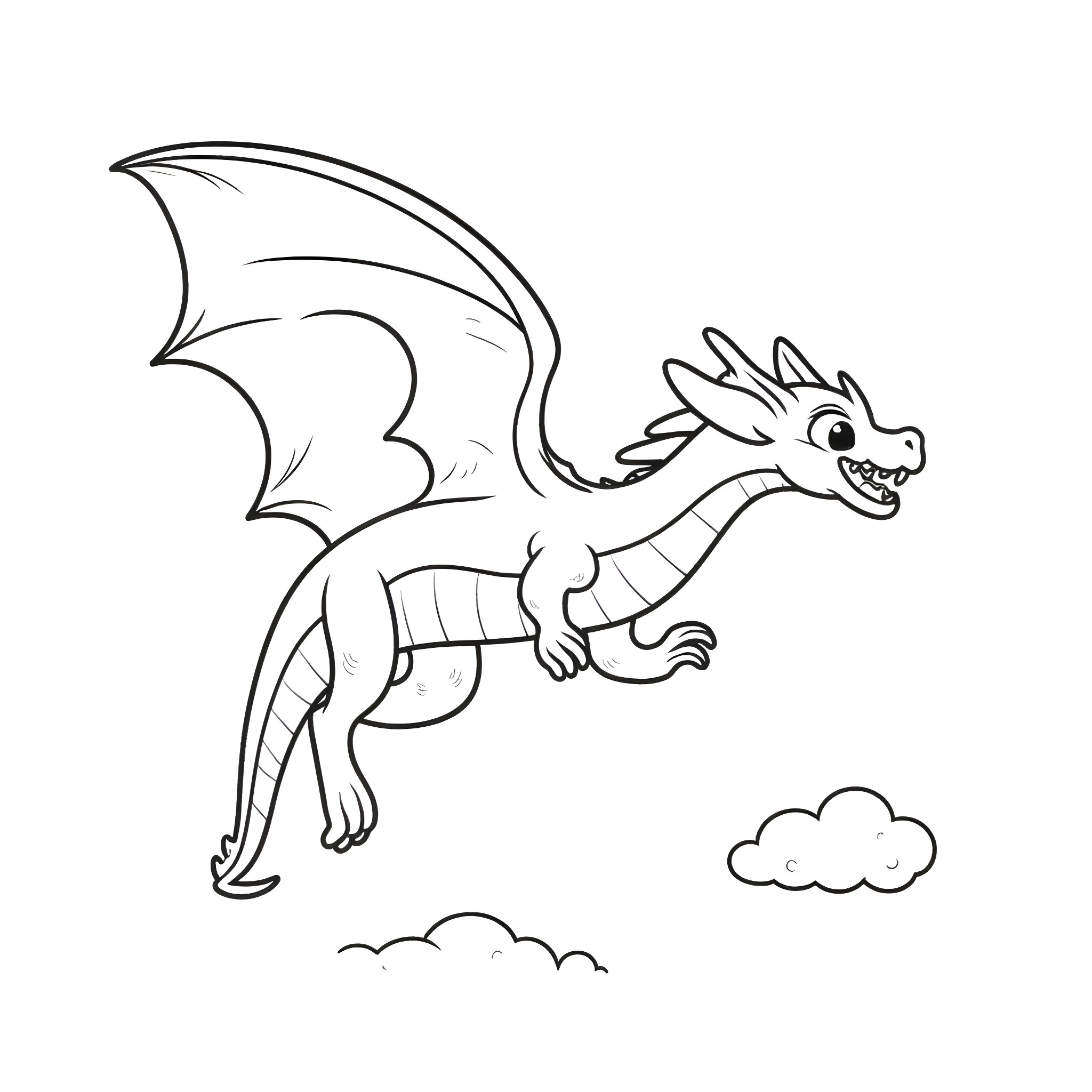 Toothless dragon soaring through clouds Coloring Page (free black-and-white line drawing printable PDF for all, from beginners to advanced learners, including children, teens, adults, and seniors)