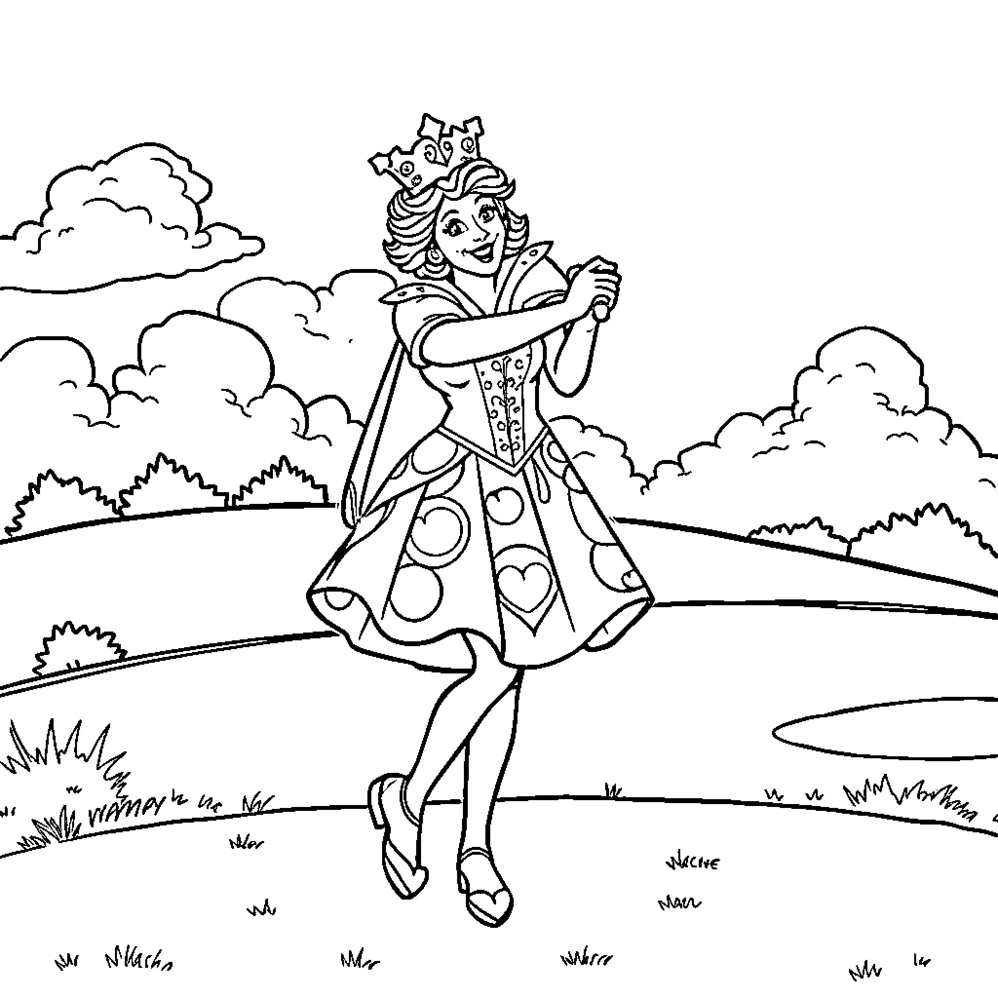 Queen in Whimsical Polka Dot Dress Dancing Outdoors Coloring Page (free black-and-white line drawing printable PDF for all, from beginners to advanced learners, including children, teens, adults, and seniors)