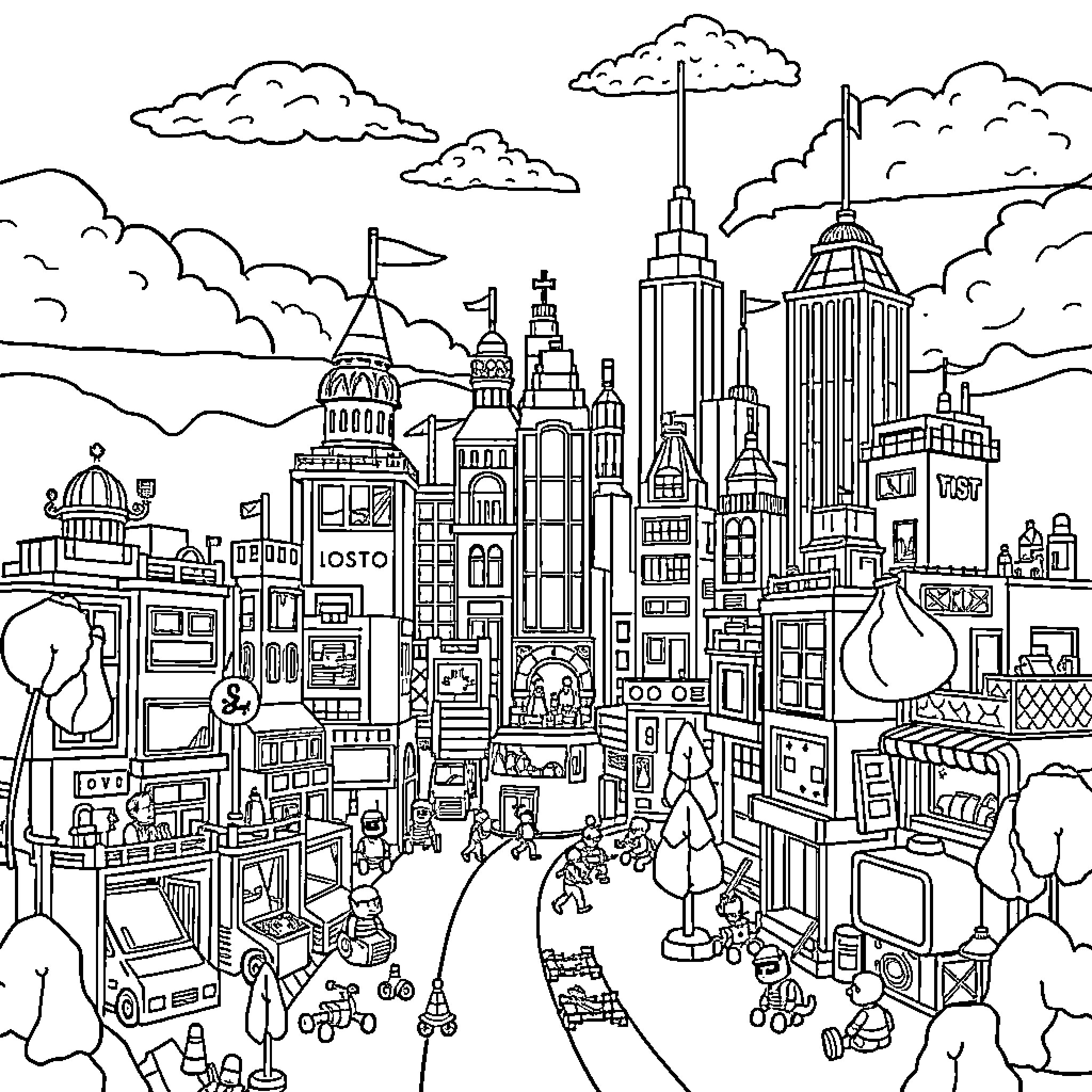 City with Diverse Architectural Styles and Activities Coloring Page (free black-and-white line drawing printable PDF for all, from beginners to advanced learners, including children, teens, adults, and seniors)