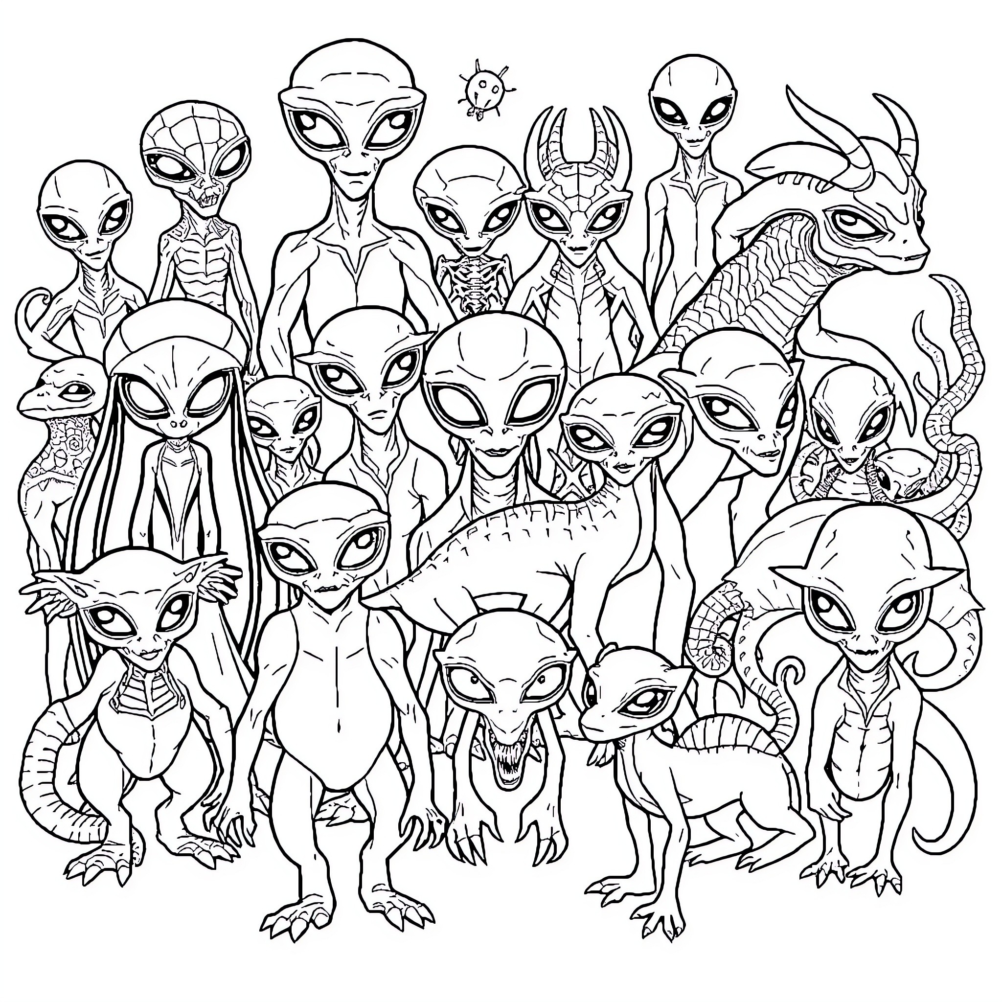 Alien Creatures Gathered in a Chaotic Scene Coloring Page (free black-and-white line drawing printable PDF for all, from beginners to advanced learners, including children, teens, adults, and seniors)
