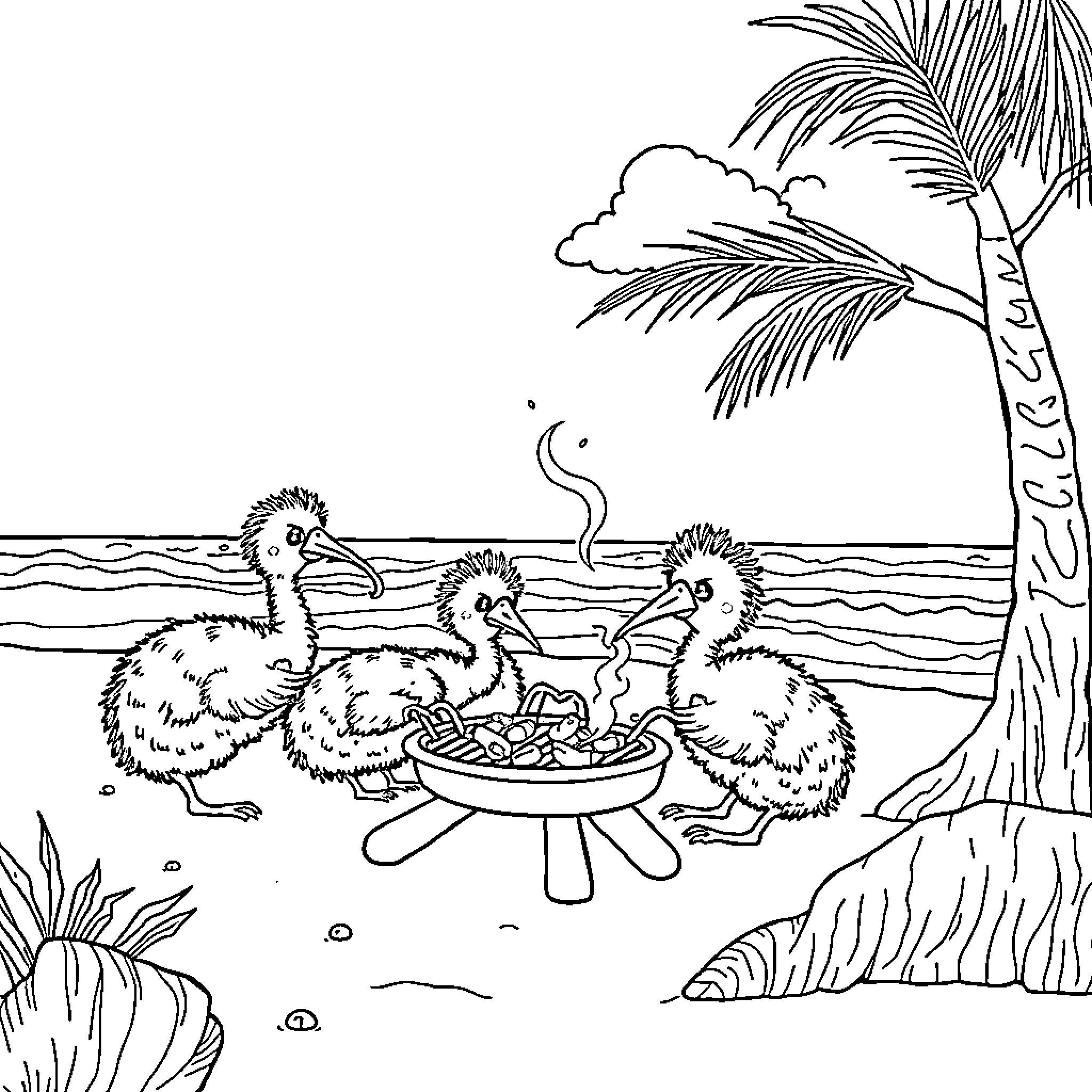 Kiwi chicks enjoying a picnic by the beach Coloring Page (free black-and-white line drawing printable PDF for all, from beginners to advanced learners, including children, teens, adults, and seniors)