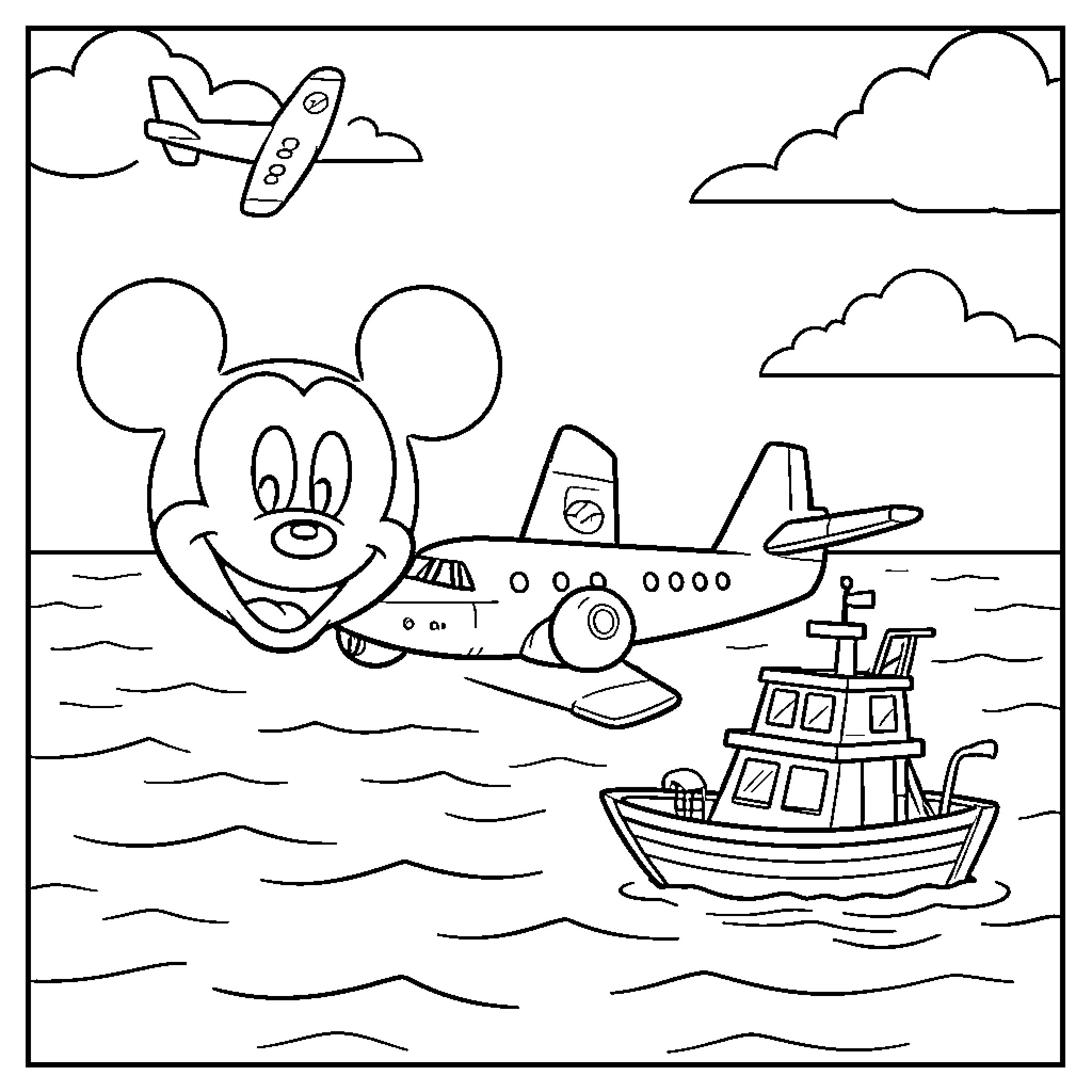 Heart Mickey smiling while flying planes over the ocean Coloring Page (free black-and-white line drawing printable PDF for all, from beginners to advanced learners, including children, teens, adults, and seniors)