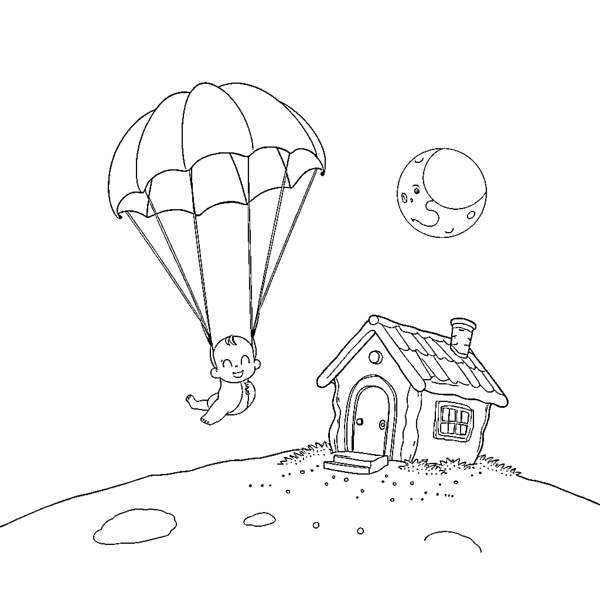 Baby parachuting down to cozy cottage Coloring Page (free black-and-white line drawing printable PDF for all, from beginners to advanced learners, including children, teens, adults, and seniors)