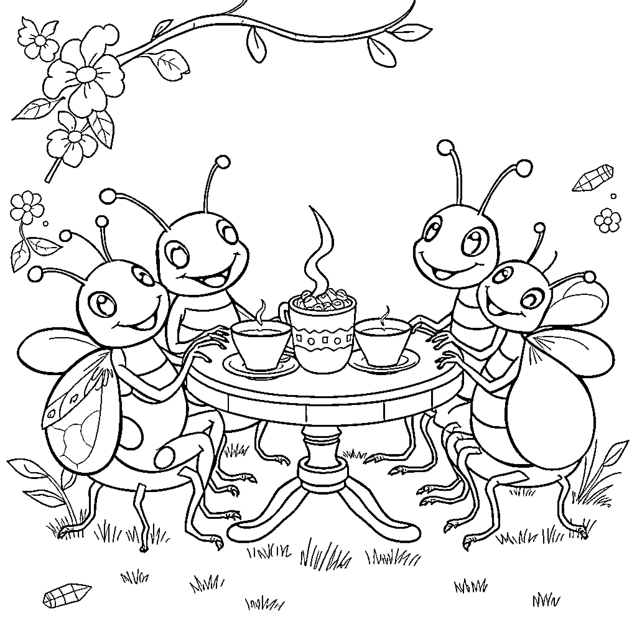 Insect friends having a cozy tea party Coloring Page (free black-and-white line drawing printable PDF for all, from beginners to advanced learners, including children, teens, adults, and seniors)