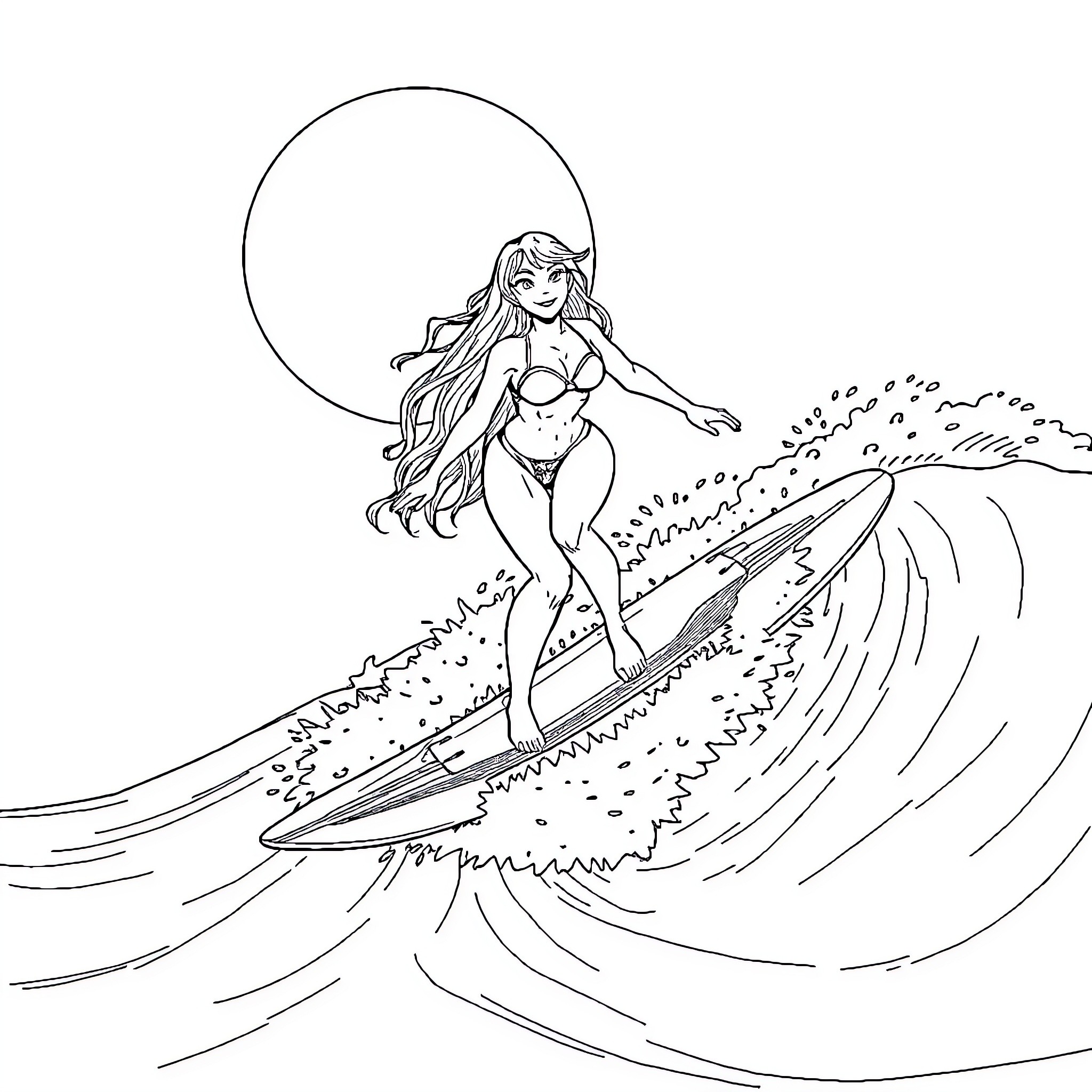 Melina surfing waves under the moonlight Coloring Page (free black-and-white line drawing printable PDF for all, from beginners to advanced learners, including children, teens, adults, and seniors)