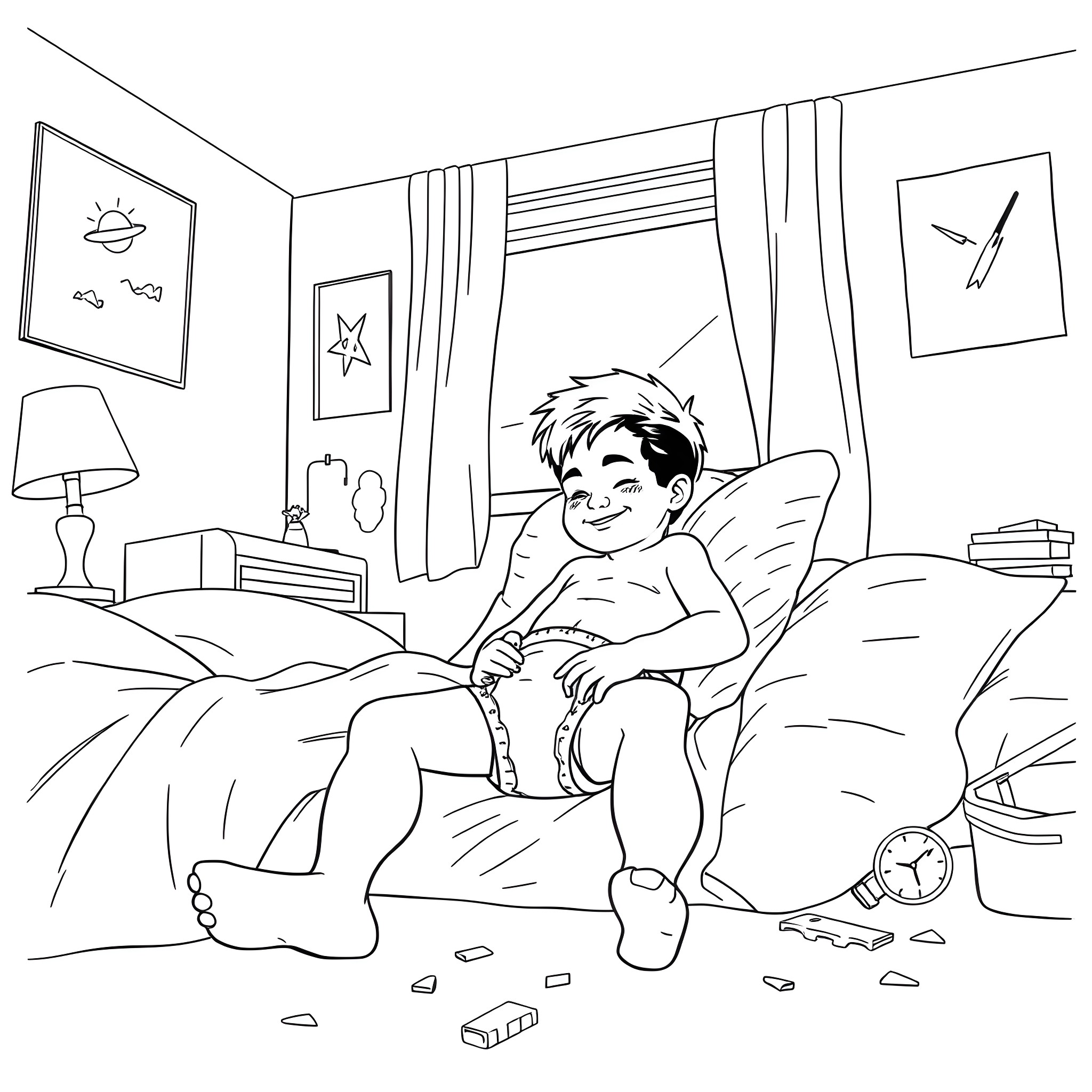 Damian Wayne relaxing in his bedroom Coloring Page (free black-and-white line drawing printable PDF for all, from beginners to advanced learners, including children, teens, adults, and seniors)