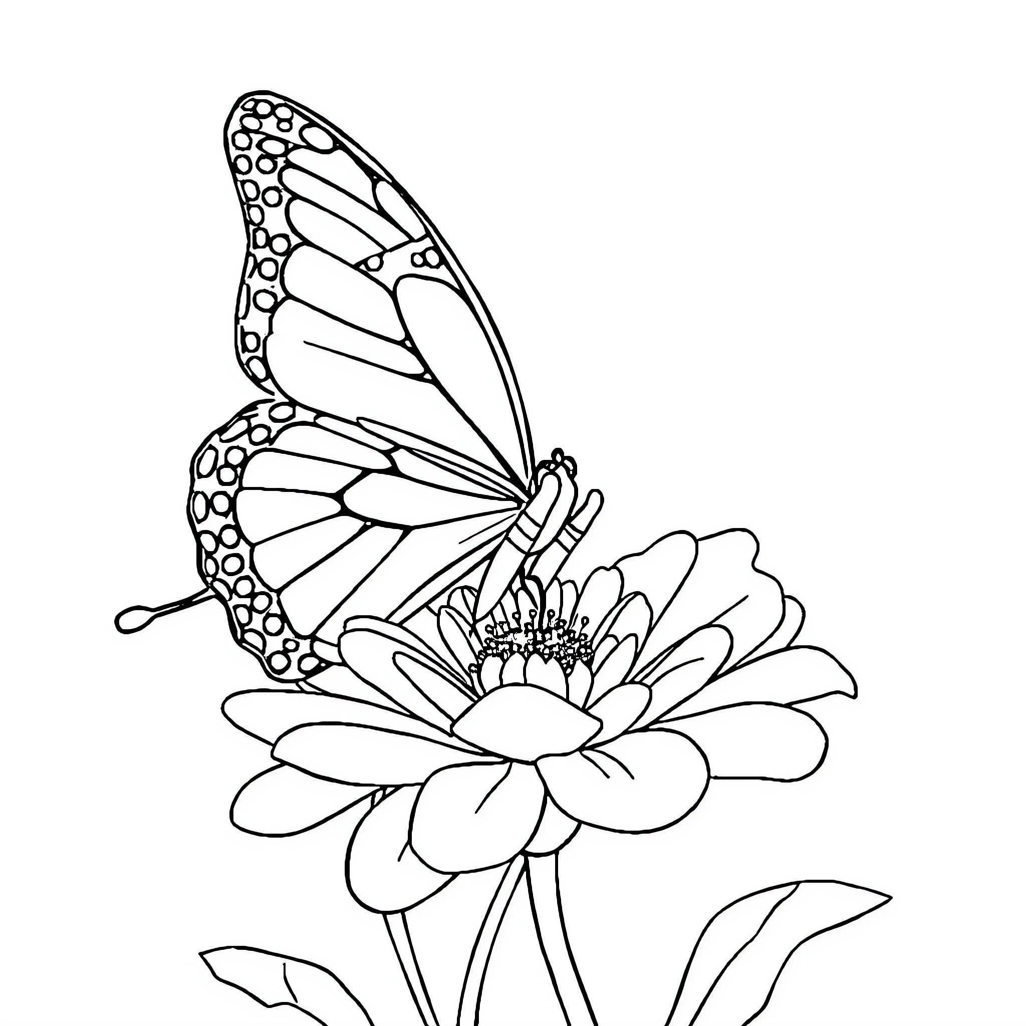 Butterfly resting on a flower Coloring Page (free black-and-white line drawing printable PDF for all, from beginners to advanced learners, including children, teens, adults, and seniors)