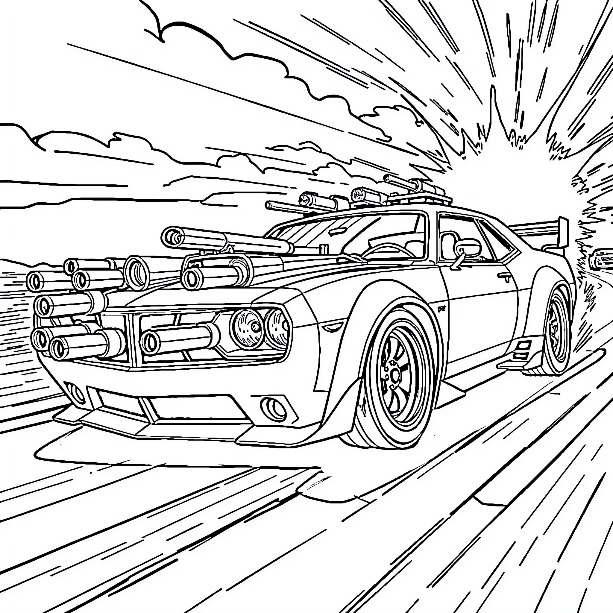 Car speeding along the highway with explosions Coloring Page (free black-and-white line drawing printable PDF for all, from beginners to advanced learners, including children, teens, adults, and seniors)