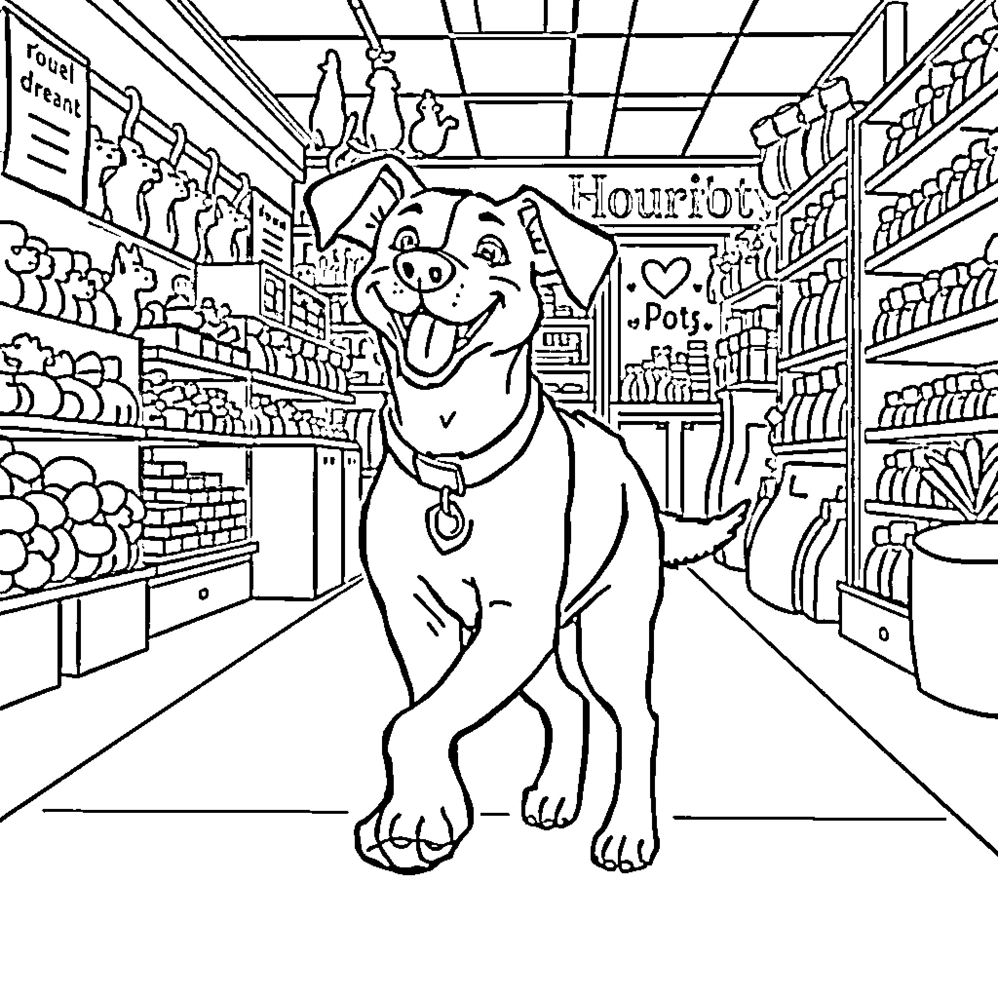 Dog exploring a grocery store aisle Coloring Page (free black-and-white line drawing printable PDF for all, from beginners to advanced learners, including children, teens, adults, and seniors)