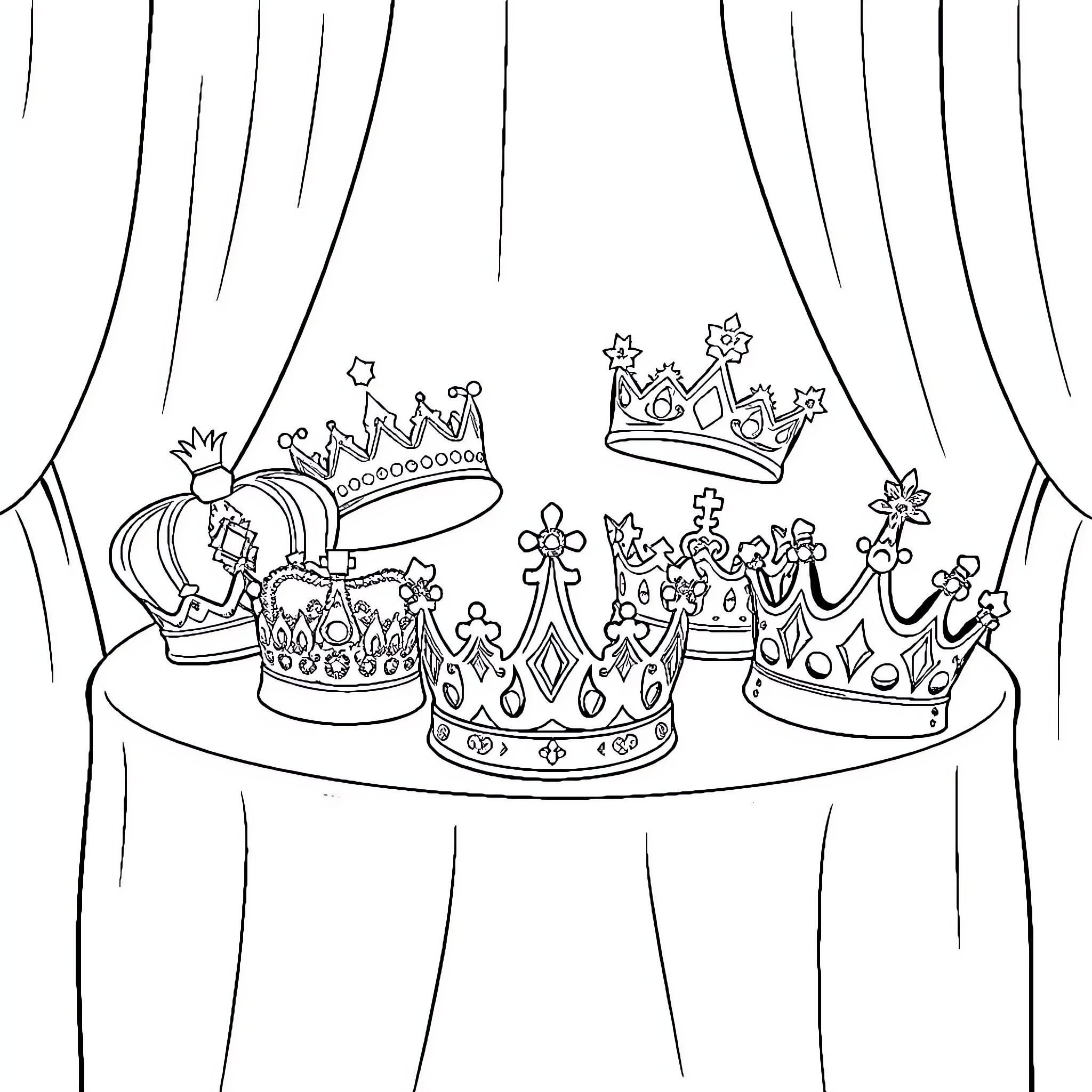 Crown collection on display Coloring Page (free black-and-white line drawing printable PDF for all, from beginners to advanced learners, including children, teens, adults, and seniors)