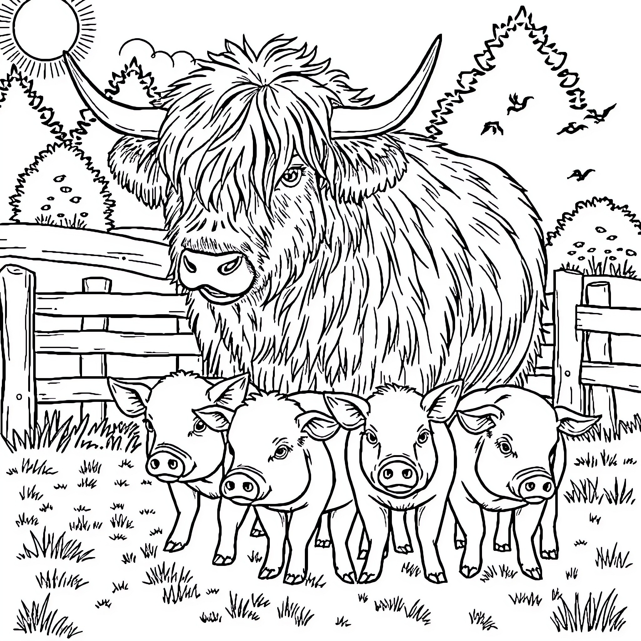 Highland Cow watching over piglets in the field Coloring Page (free black-and-white line drawing printable PDF for all, from beginners to advanced learners, including children, teens, adults, and seniors)