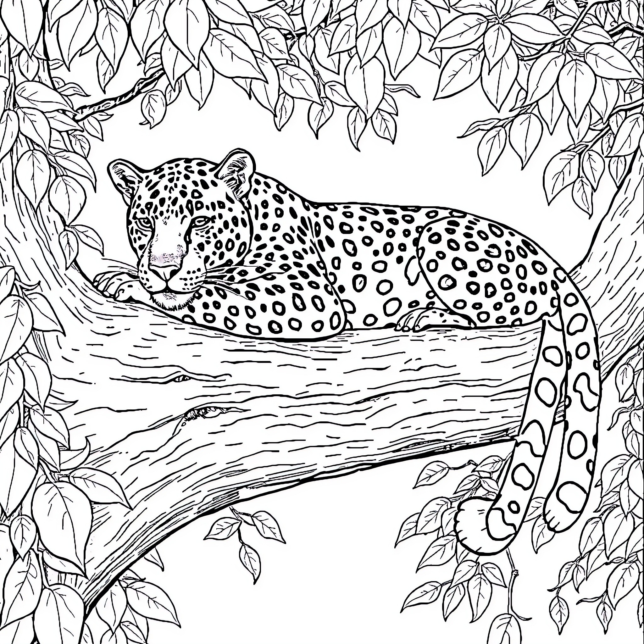 Jaguar relaxing in the lush jungle foliage Coloring Page (free black-and-white line drawing printable PDF for all, from beginners to advanced learners, including children, teens, adults, and seniors)