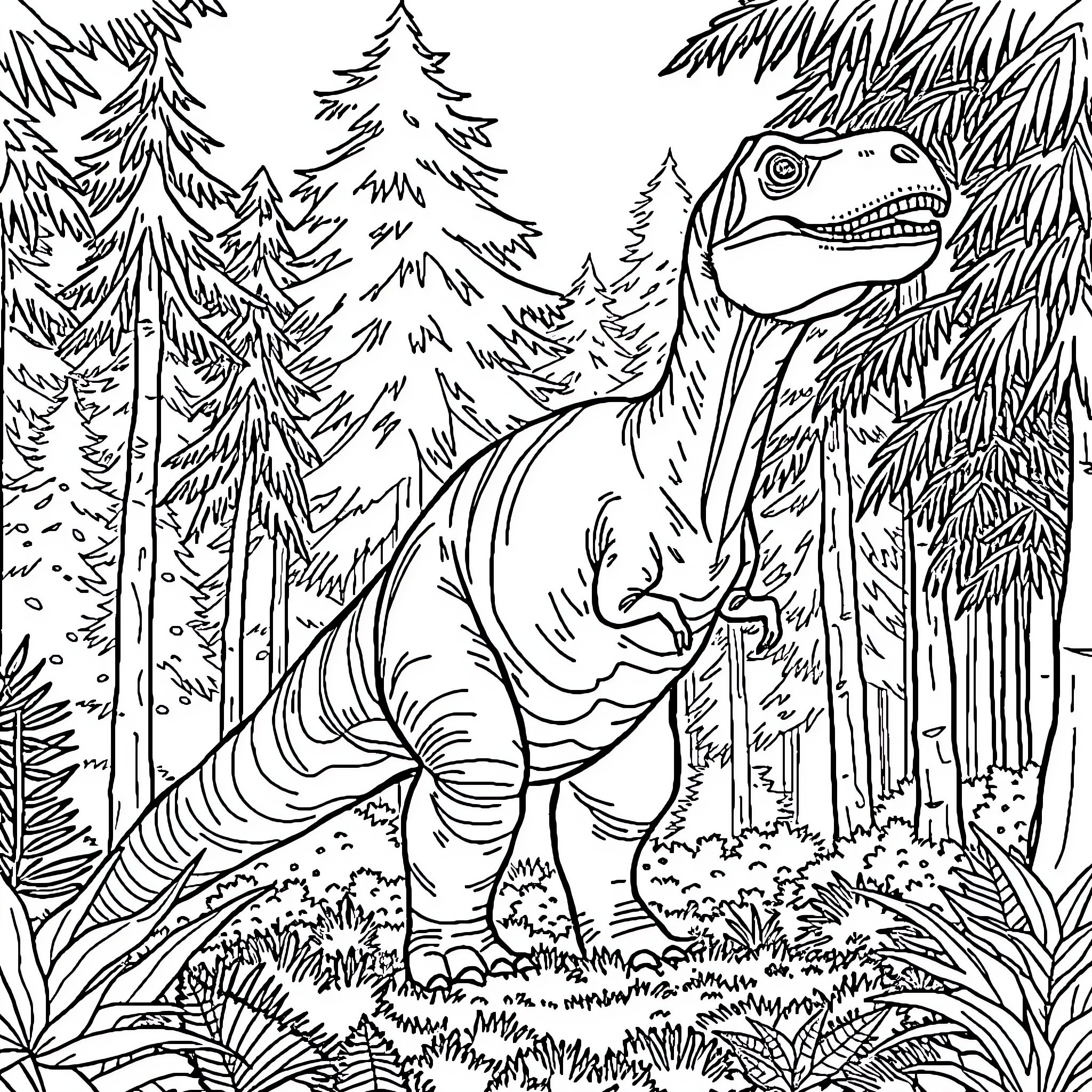 Dinosaur roaming through the forest Coloring Page (free black-and-white line drawing printable PDF for all, from beginners to advanced learners, including children, teens, adults, and seniors)