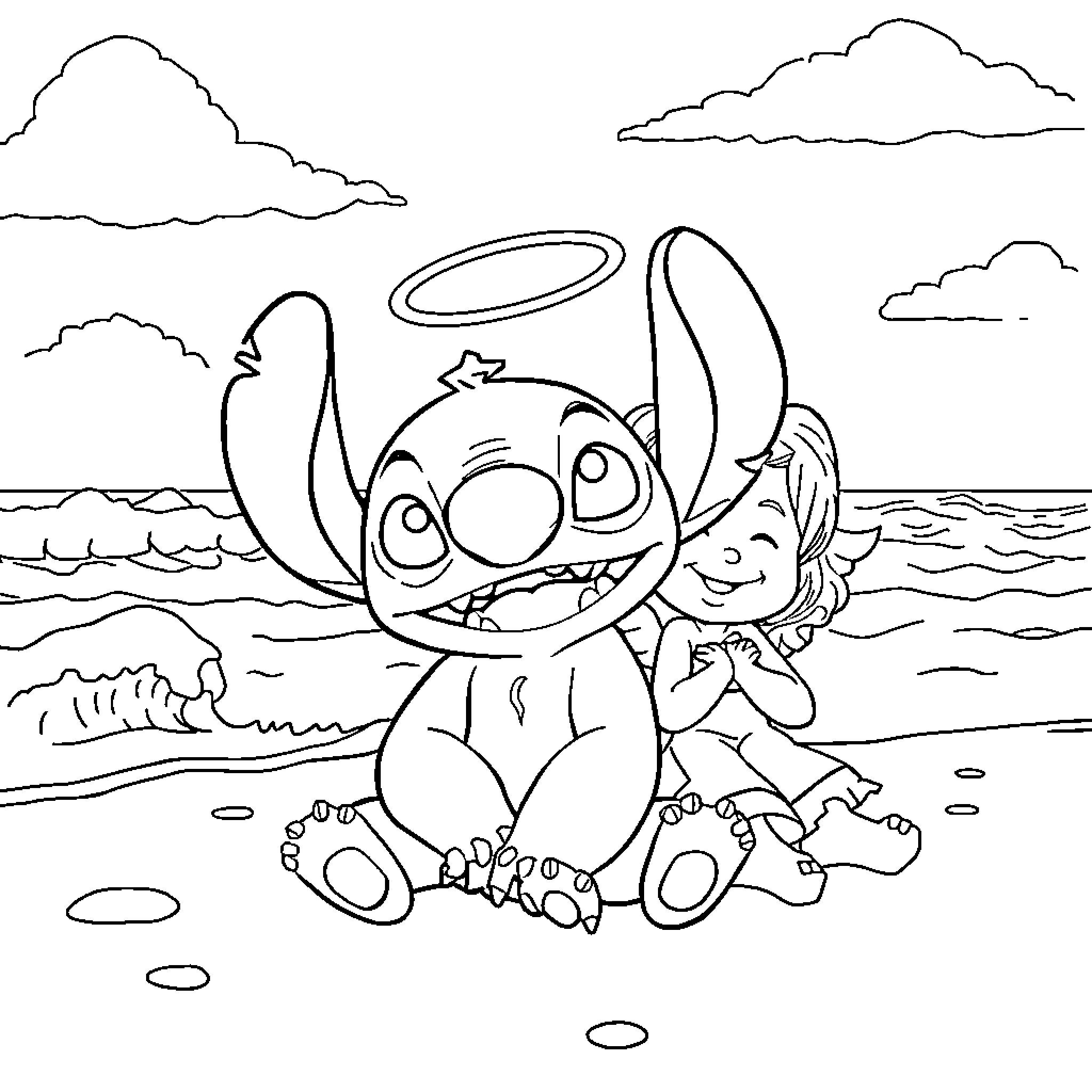 Stitch playing with a girl on the beach Coloring Page (free black-and-white line drawing printable PDF for all, from beginners to advanced learners, including children, teens, adults, and seniors)