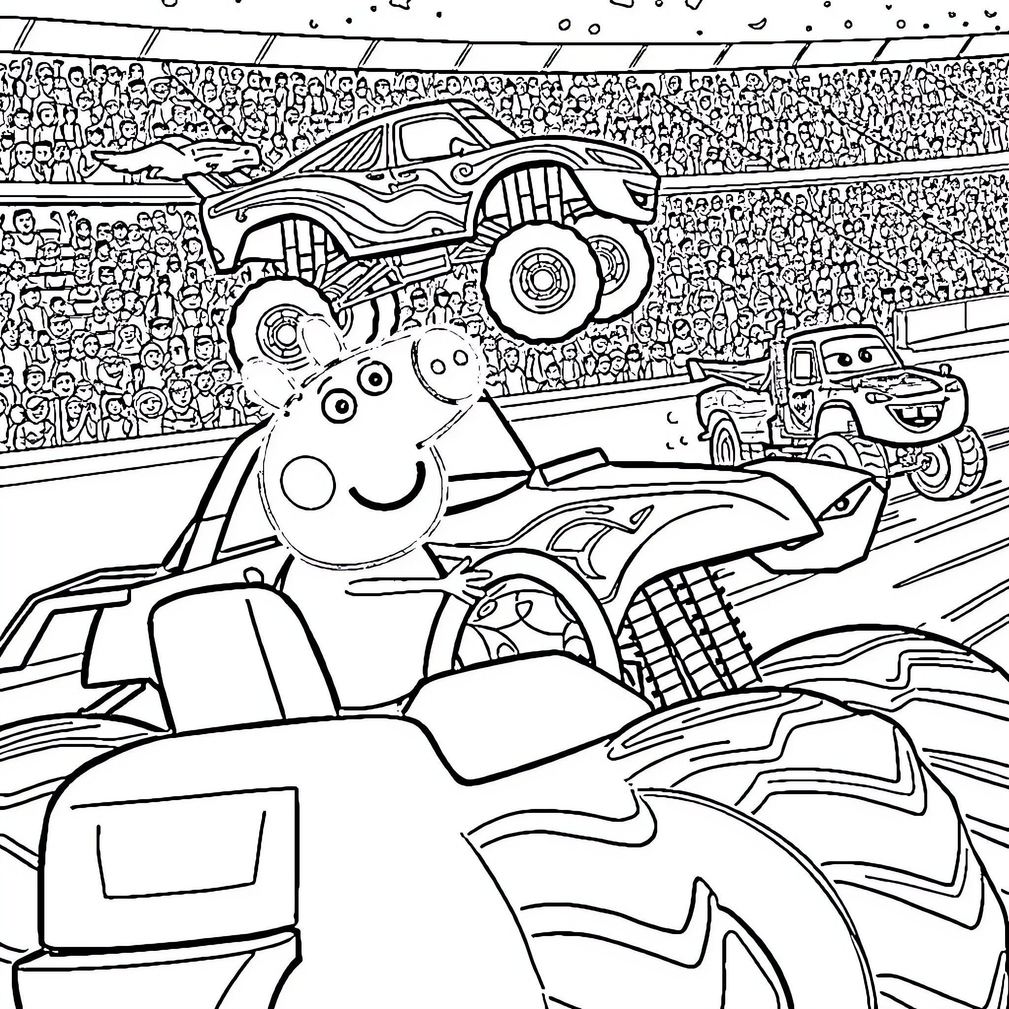 Peppa Pig's Monster Truck Racing Adventure Coloring Page (free black-and-white line drawing printable PDF for all, from beginners to advanced learners, including children, teens, adults, and seniors)