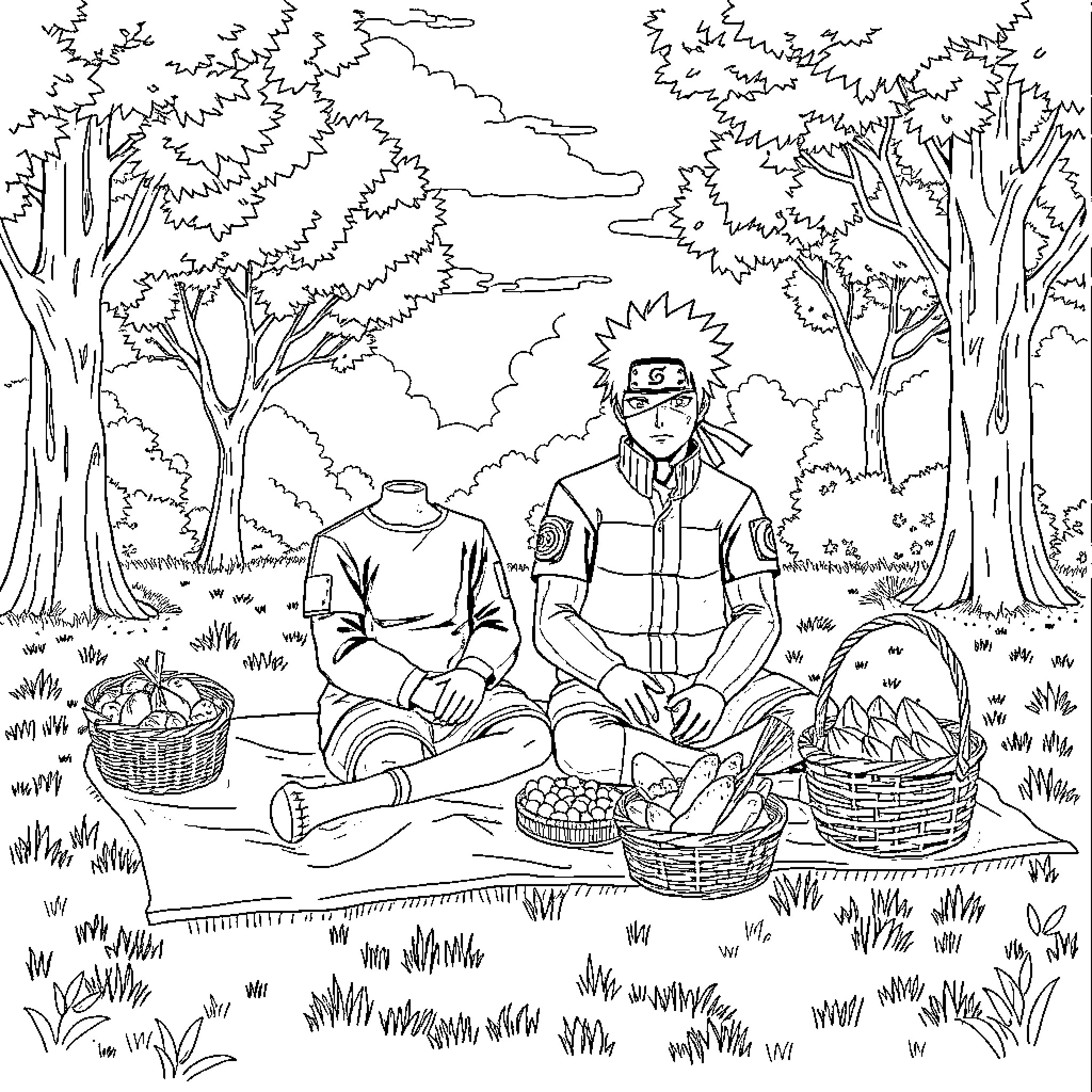 Gojo's Picnic in the Forest Coloring Page (free black-and-white line drawing printable PDF for all, from beginners to advanced learners, including children, teens, adults, and seniors)