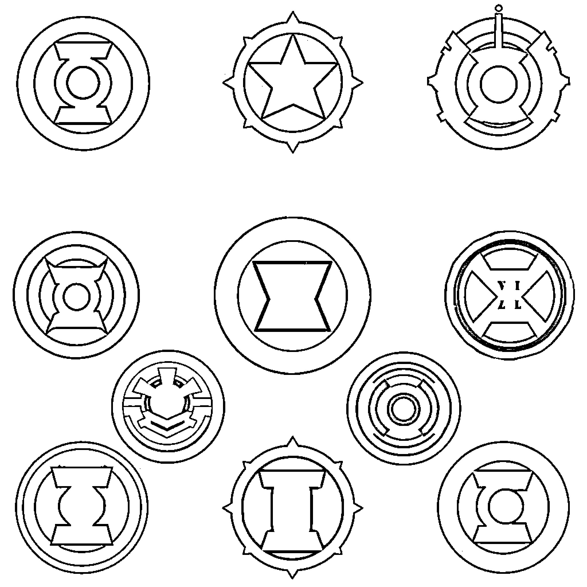 Lantern Corps Symbols and Insignia Coloring Page (free black-and-white line drawing printable PDF for all, from beginners to advanced learners, including children, teens, adults, and seniors)