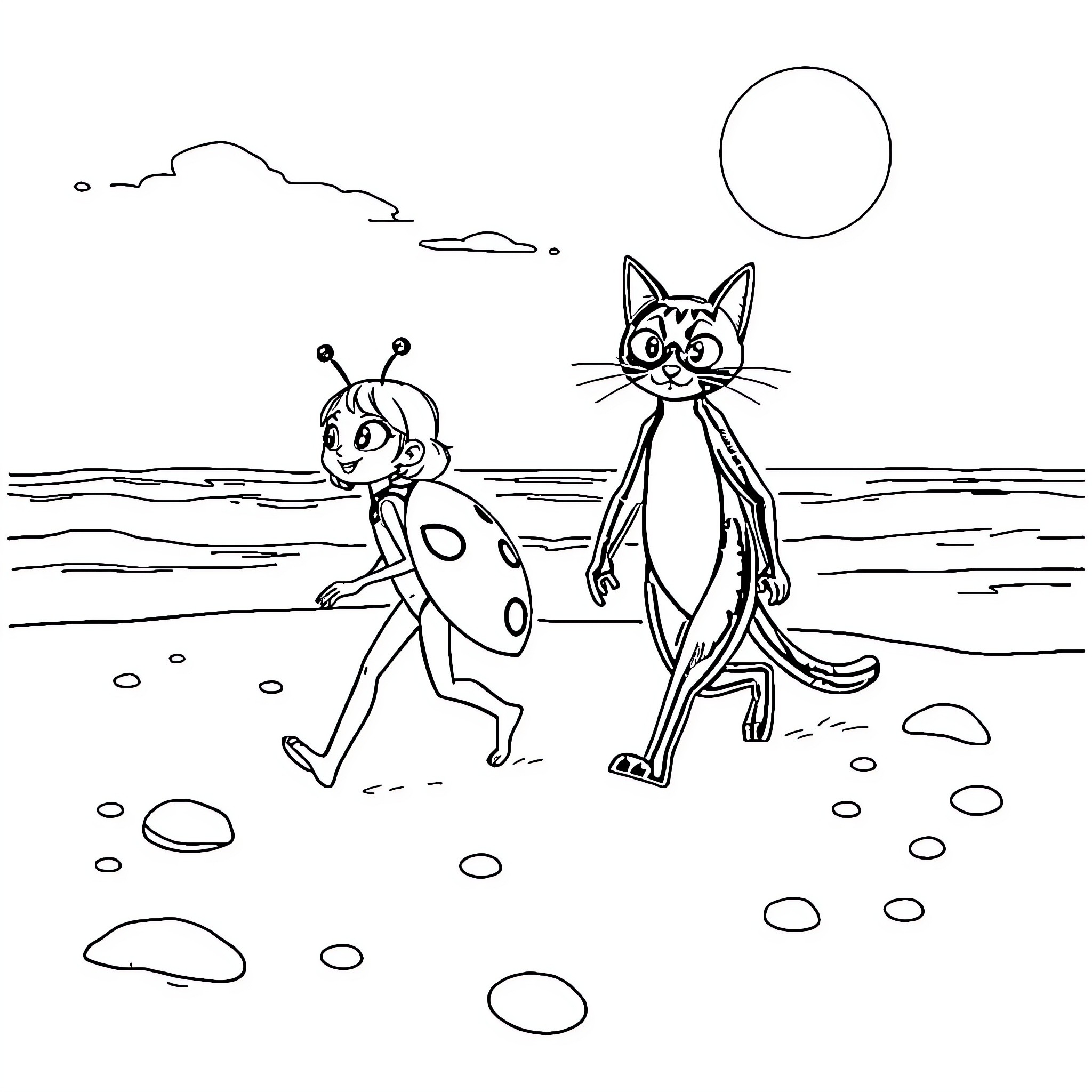 Ladybug and cat exploring the countryside Coloring Page (free black-and-white line drawing printable PDF for all, from beginners to advanced learners, including children, teens, adults, and seniors)