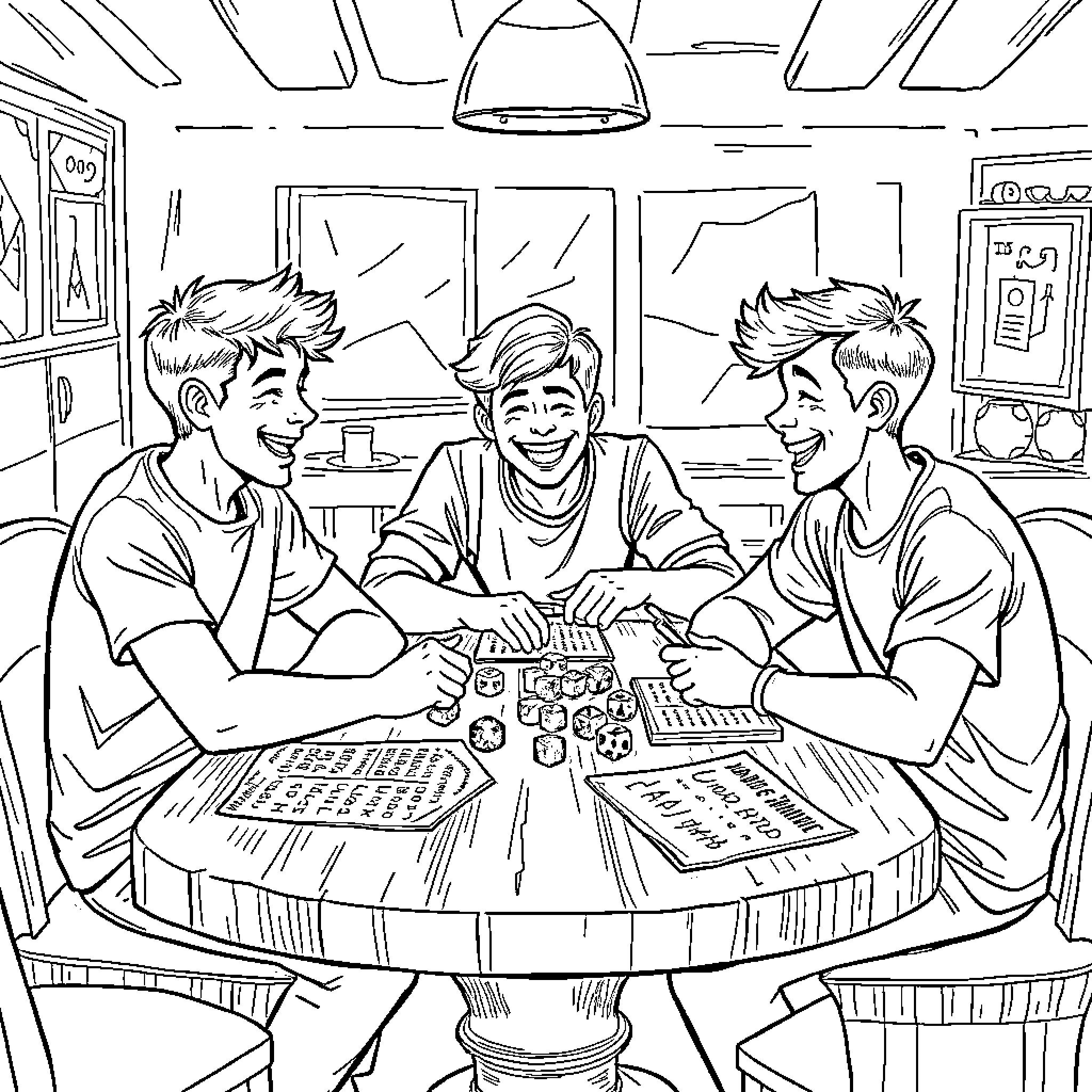 D&D Friends Enjoying a Game Together Coloring Page (free black-and-white line drawing printable PDF for all, from beginners to advanced learners, including children, teens, adults, and seniors)