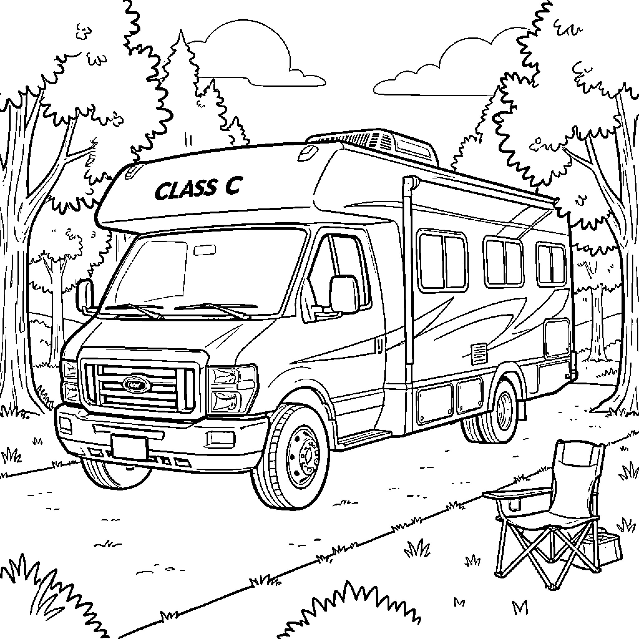 Recreational Vehicle parked in a scenic wooded area Coloring Page (free black-and-white line drawing printable PDF for all, from beginners to advanced learners, including children, teens, adults, and seniors)