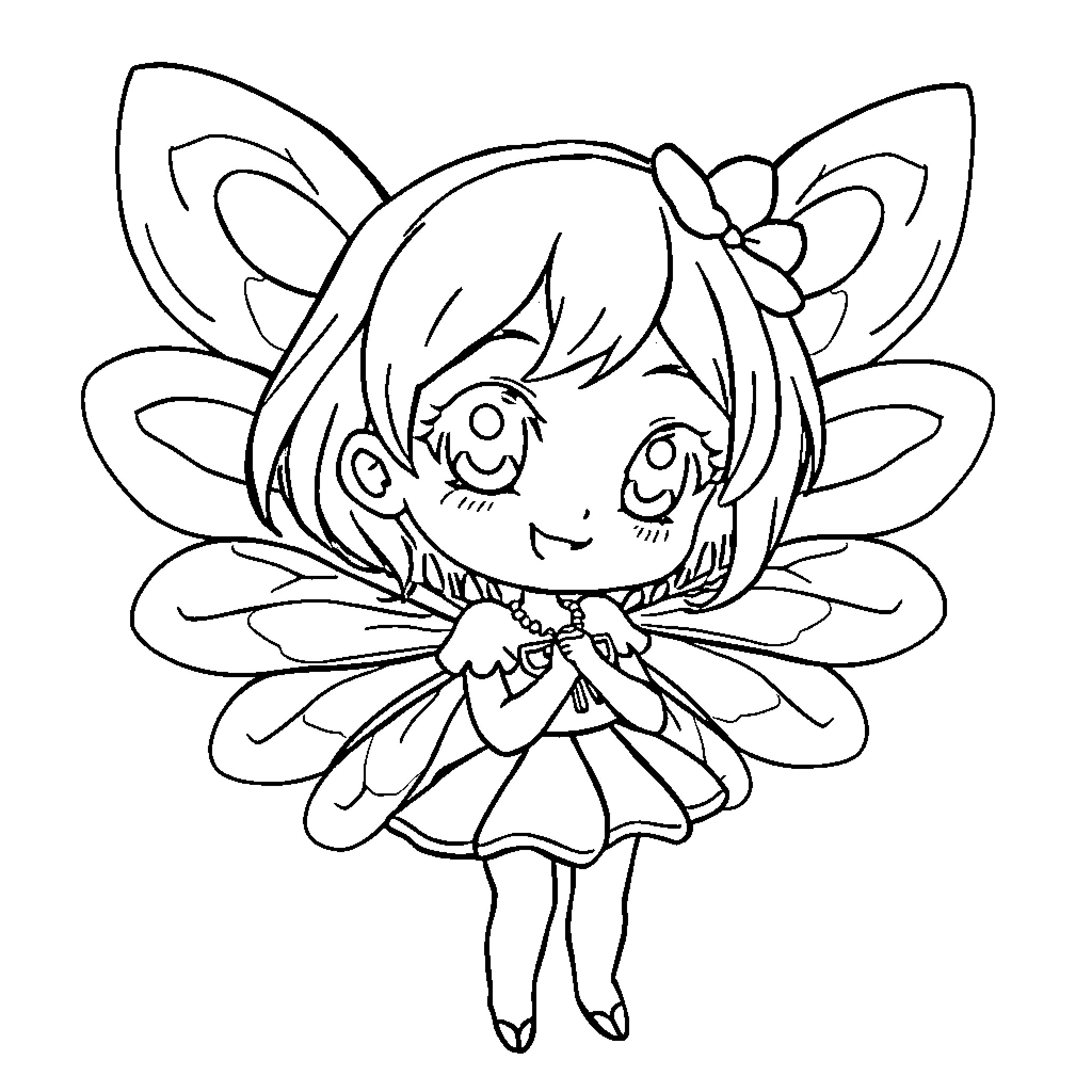 Anime Girl with Butterfly Wings and Bow Coloring Page (free black-and-white line drawing printable PDF for all, from beginners to advanced learners, including children, teens, adults, and seniors)