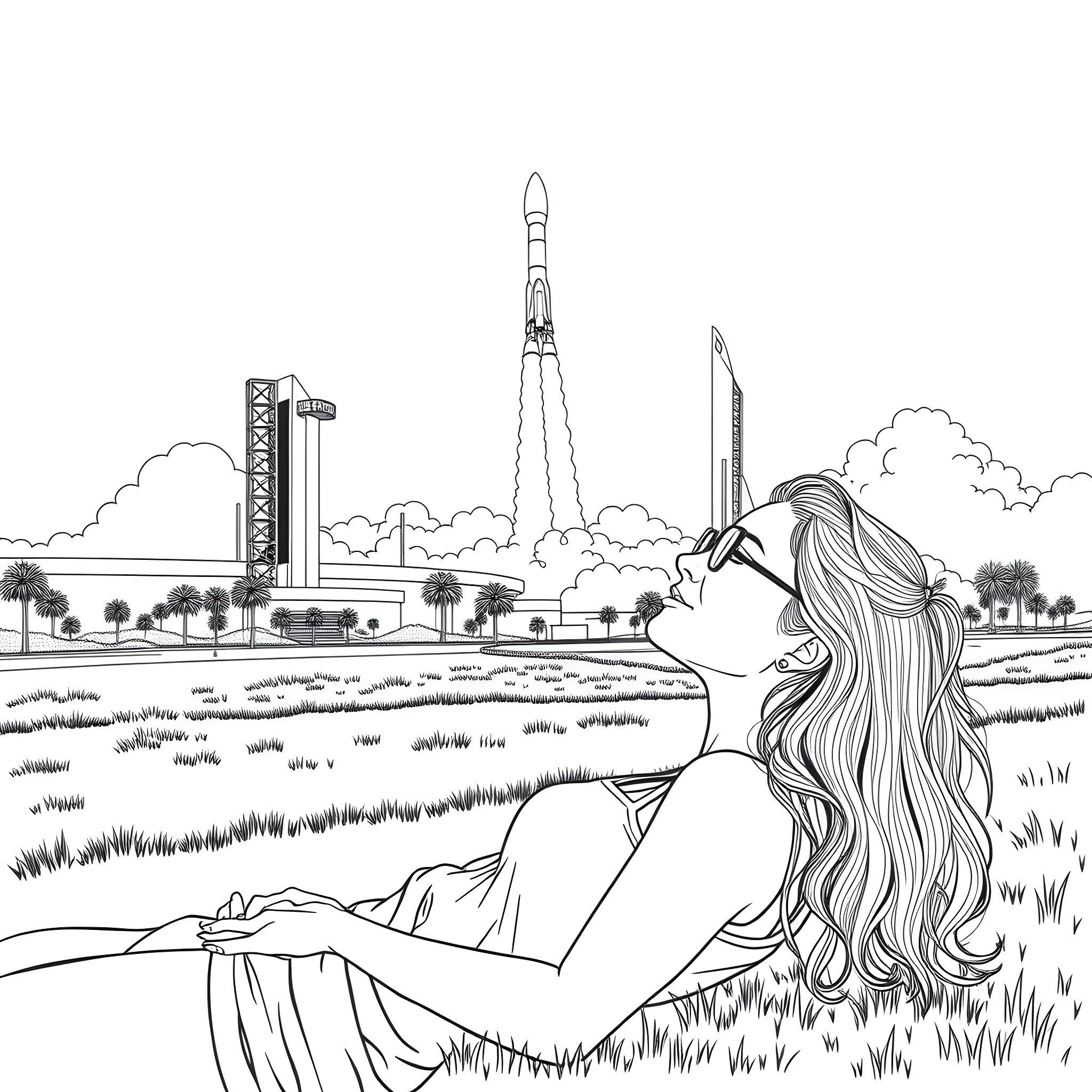 Female relaxing in field with rocket launch in background Coloring Page (free black-and-white line drawing printable PDF for all, from beginners to advanced learners, including children, teens, adults, and seniors)