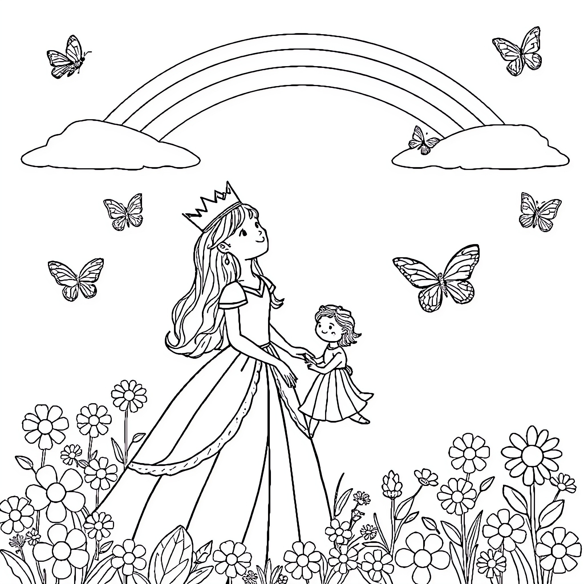 Queen and Princess Explore Magical Garden Coloring Page (free black-and-white line drawing printable PDF for all, from beginners to advanced learners, including children, teens, adults, and seniors)