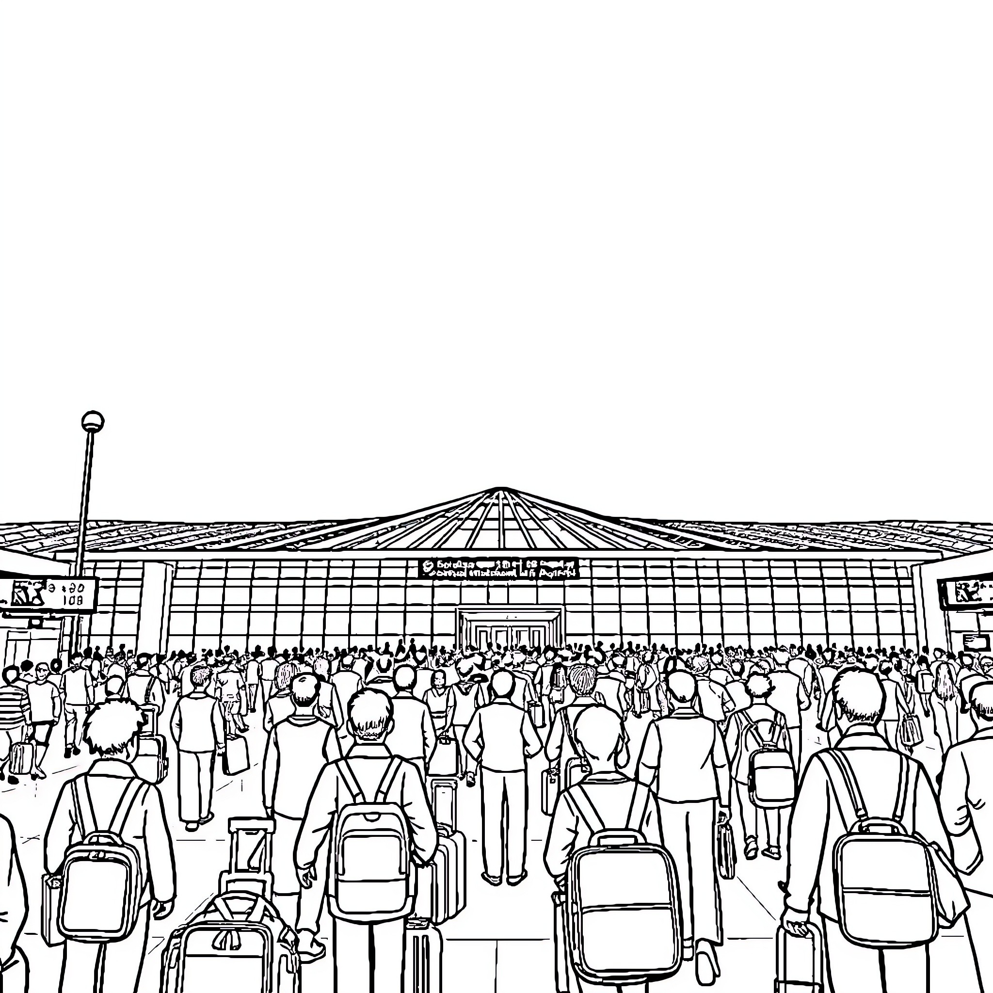 Soekarno Hatta Airport: Bustling Crowds and Travelers Coloring Page (free black-and-white line drawing printable PDF for all, from beginners to advanced learners, including children, teens, adults, and seniors)