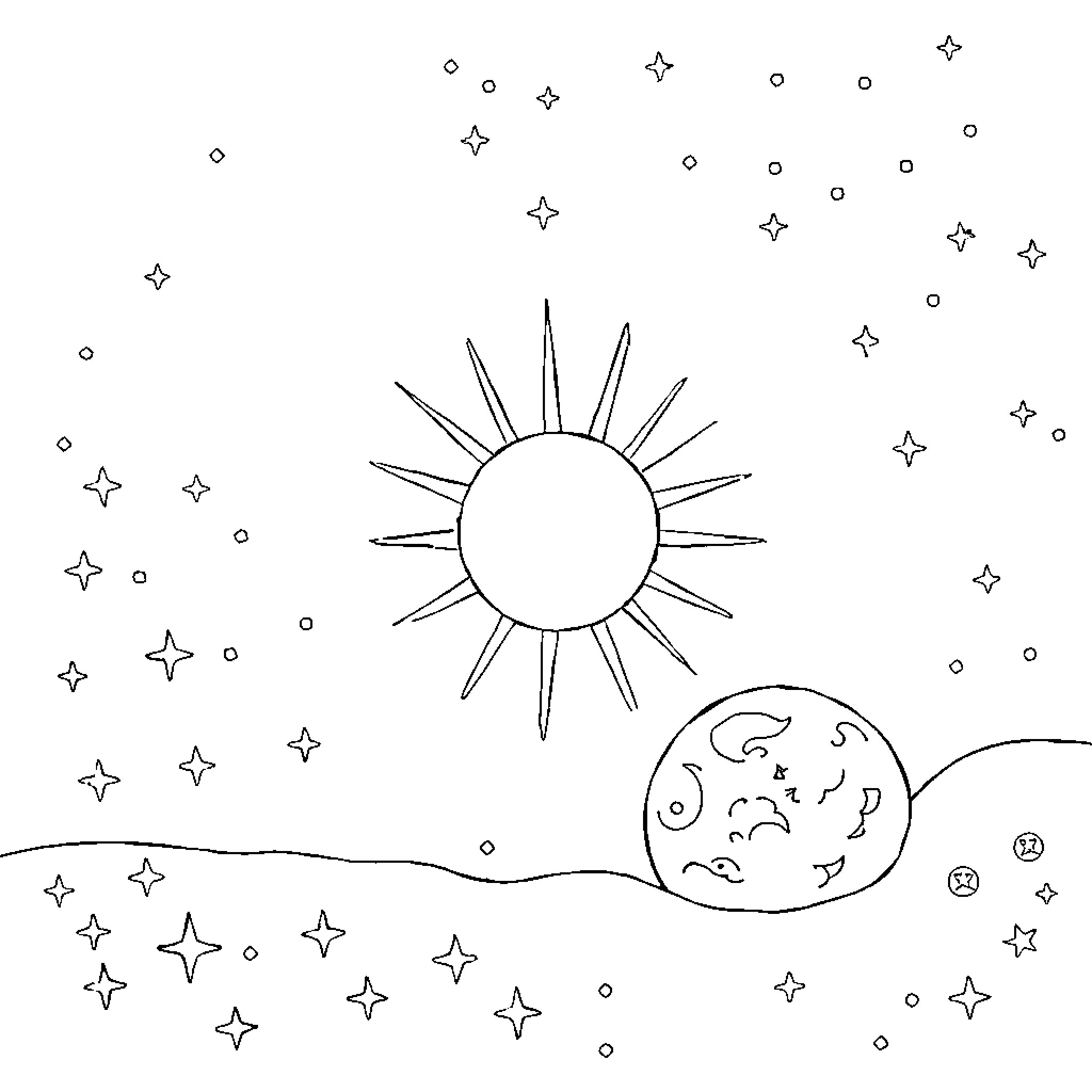 Sun and Moon in the Starry Sky Coloring Page (free black-and-white line drawing printable PDF for all, from beginners to advanced learners, including children, teens, adults, and seniors)