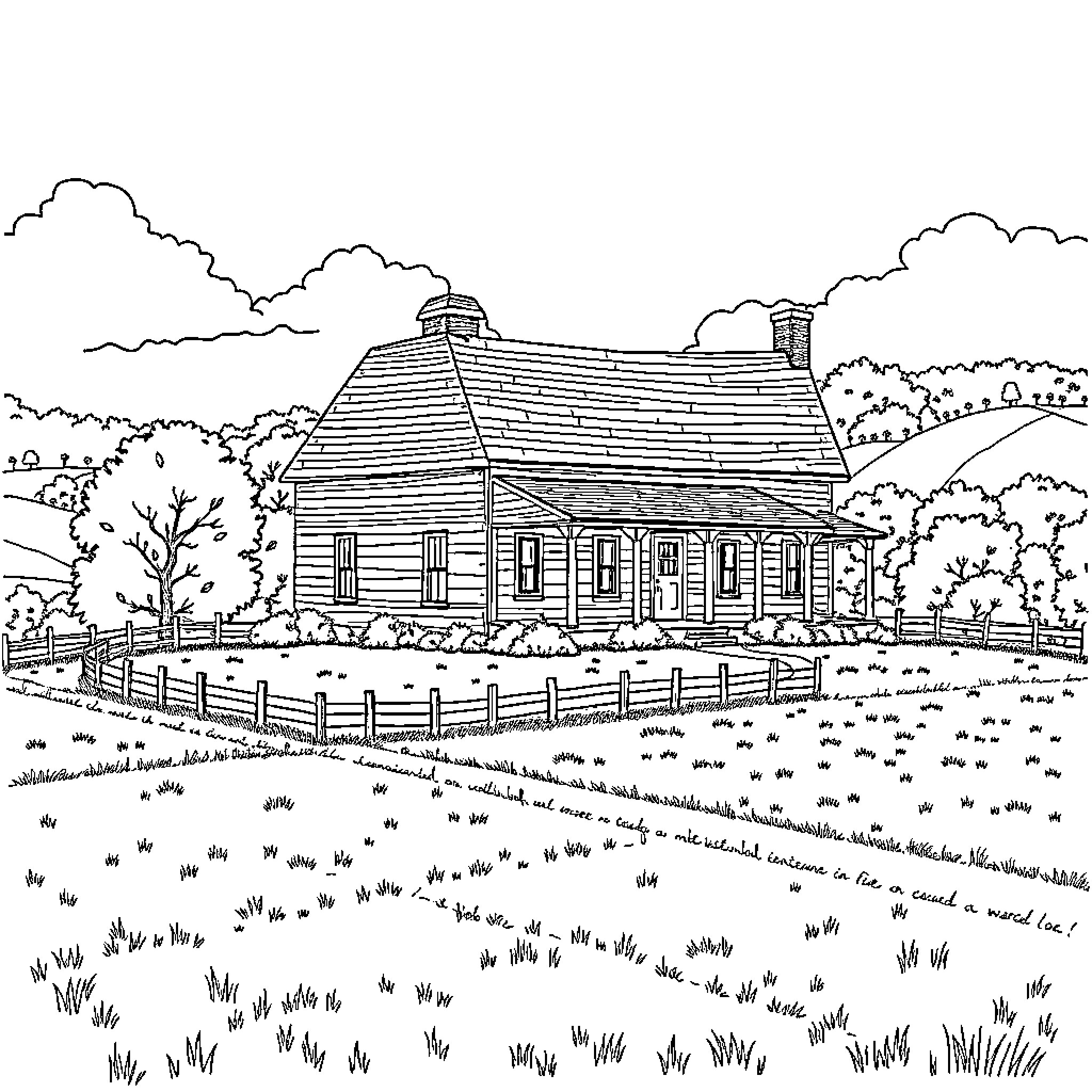 Farmhouse with rustic charm in scenic rural landscape Coloring Page (free black-and-white line drawing printable PDF for all, from beginners to advanced learners, including children, teens, adults, and seniors)