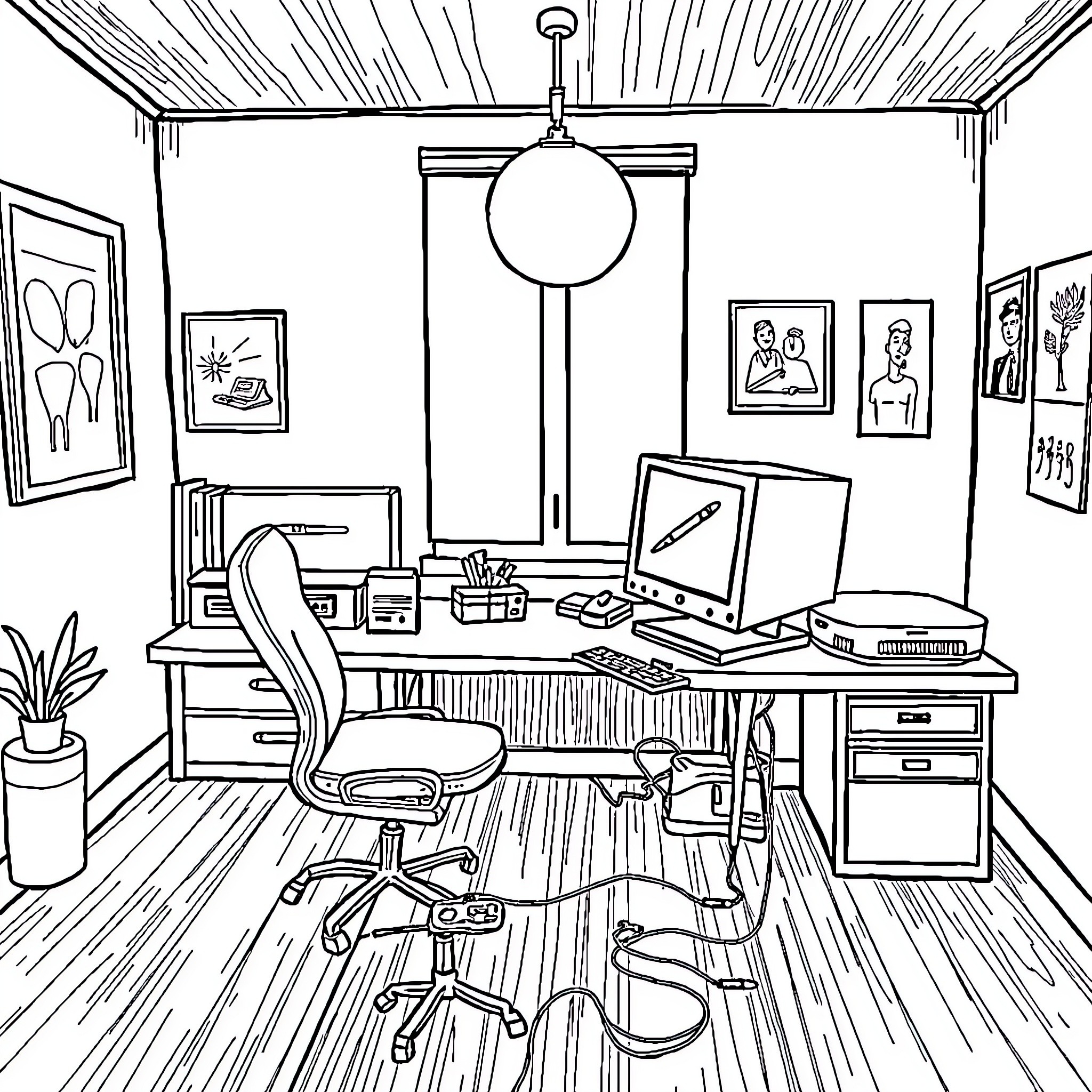 Computer desk with office supplies and decor Coloring Page (free black-and-white line drawing printable PDF for all, from beginners to advanced learners, including children, teens, adults, and seniors)