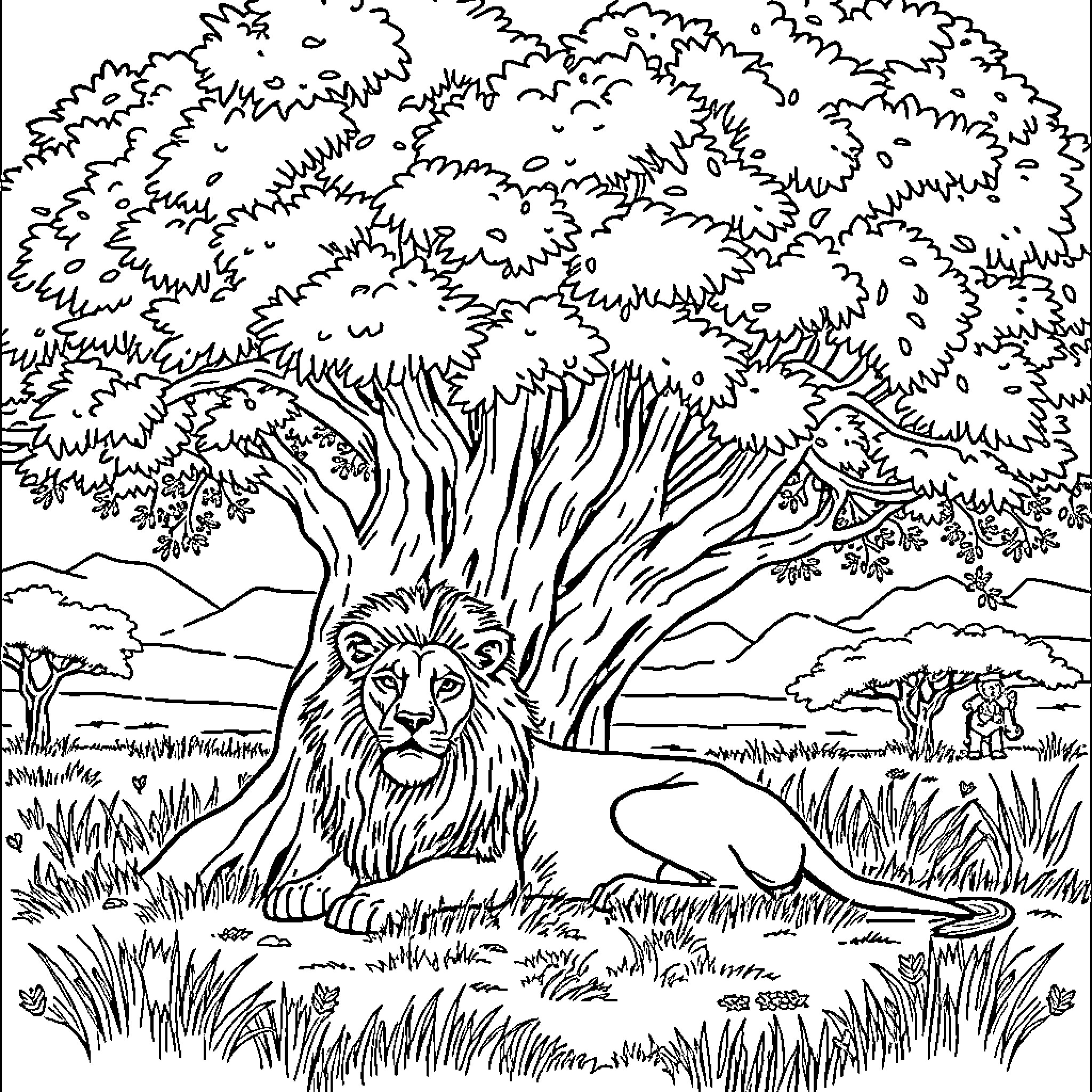 Lion resting in the serene wilderness Coloring Page (free black-and-white line drawing printable PDF for all, from beginners to advanced learners, including children, teens, adults, and seniors)