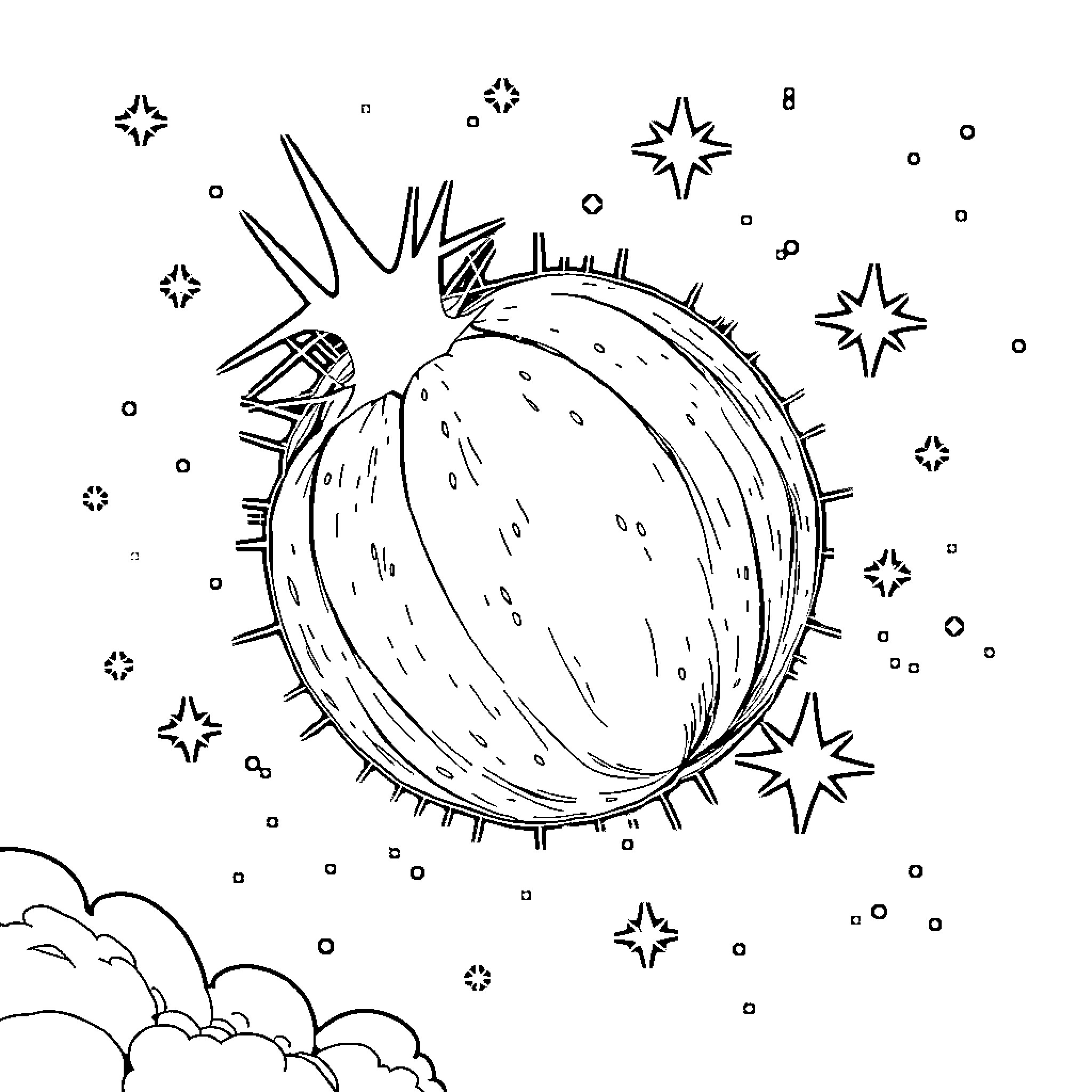 Carrot Floating in Starry Cosmic Sky Coloring Page (free black-and-white line drawing printable PDF for all, from beginners to advanced learners, including children, teens, adults, and seniors)