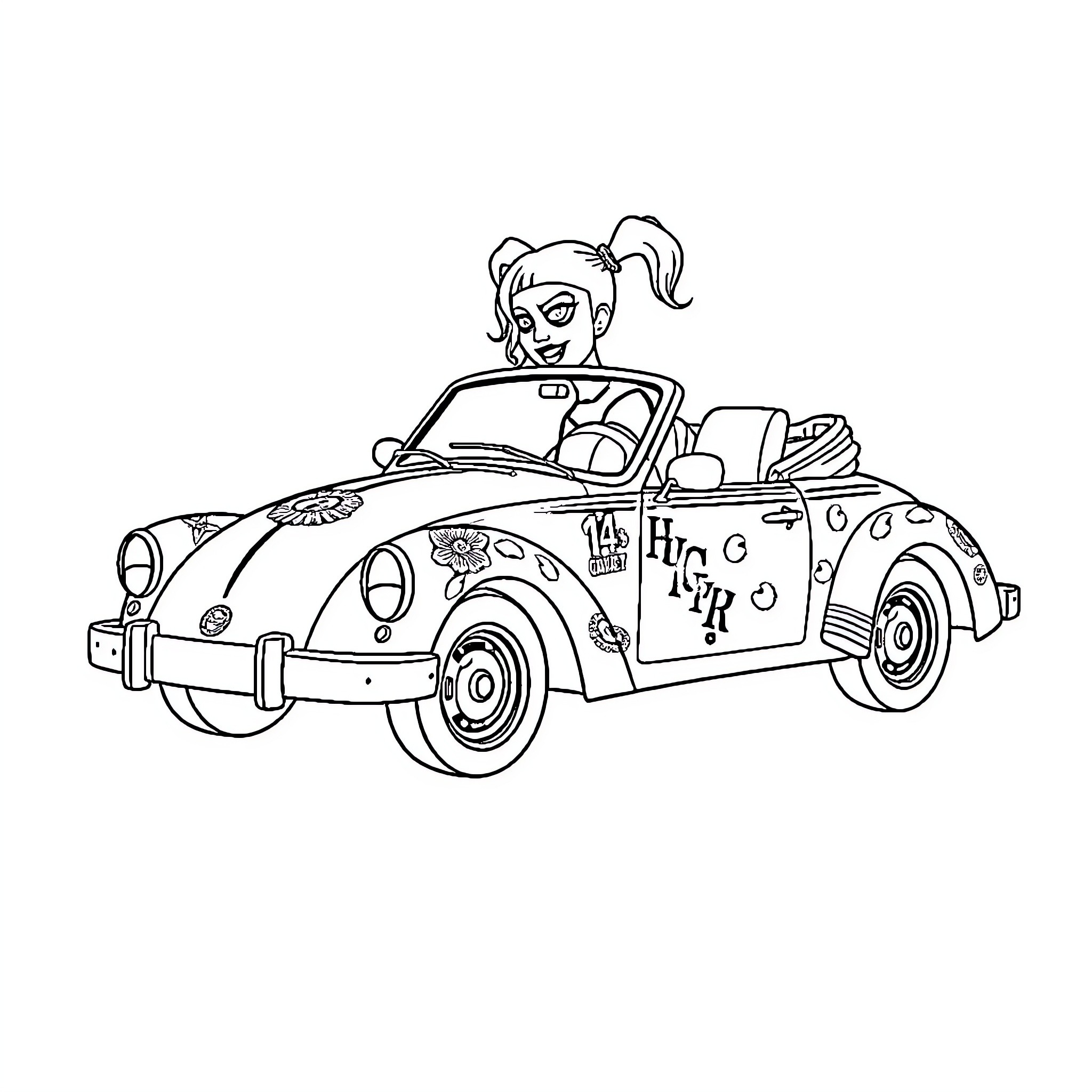 Harley Driving Her Customized Convertible Car Coloring Page (free black-and-white line drawing printable PDF for all, from beginners to advanced learners, including children, teens, adults, and seniors)