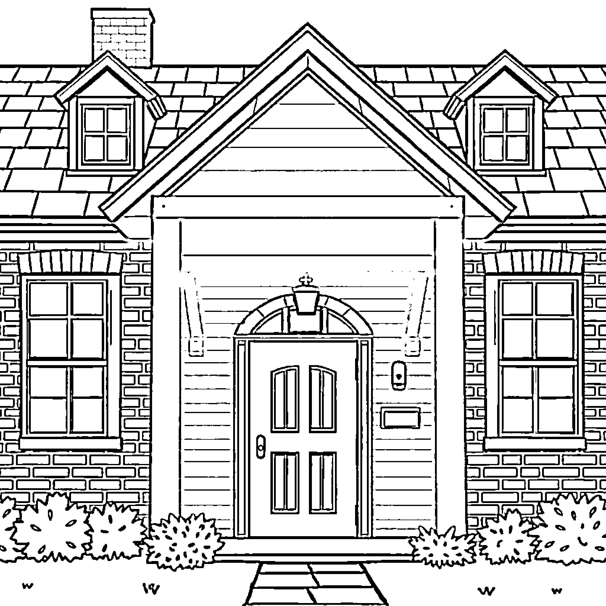 House with decorative entrance and windows Coloring Page (free black-and-white line drawing printable PDF for all, from beginners to advanced learners, including children, teens, adults, and seniors)