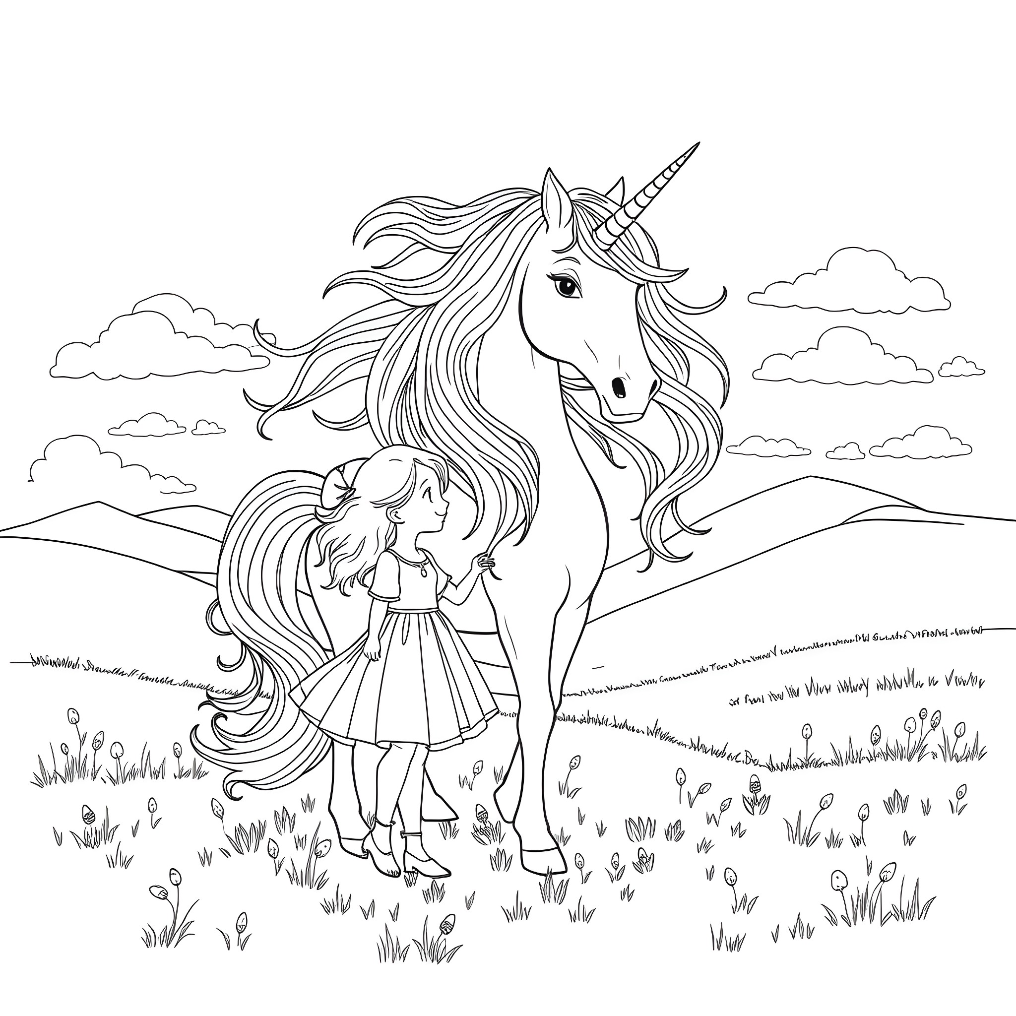 Girl and Unicorn in Magical Meadow Coloring Page (free black-and-white line drawing printable PDF for all, from beginners to advanced learners, including children, teens, adults, and seniors)